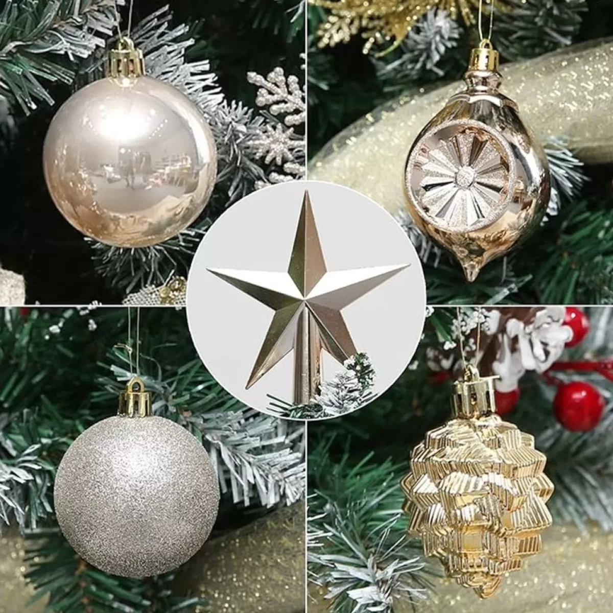 ‘Merkloos’’ Kerstboomversieringen>130-Delige Kerstboomdecoratieset, Champagne Kerstballen Ornamenten Onbreekbare Kerstboomversieringen Voor Kerst Bruiloftsfeest