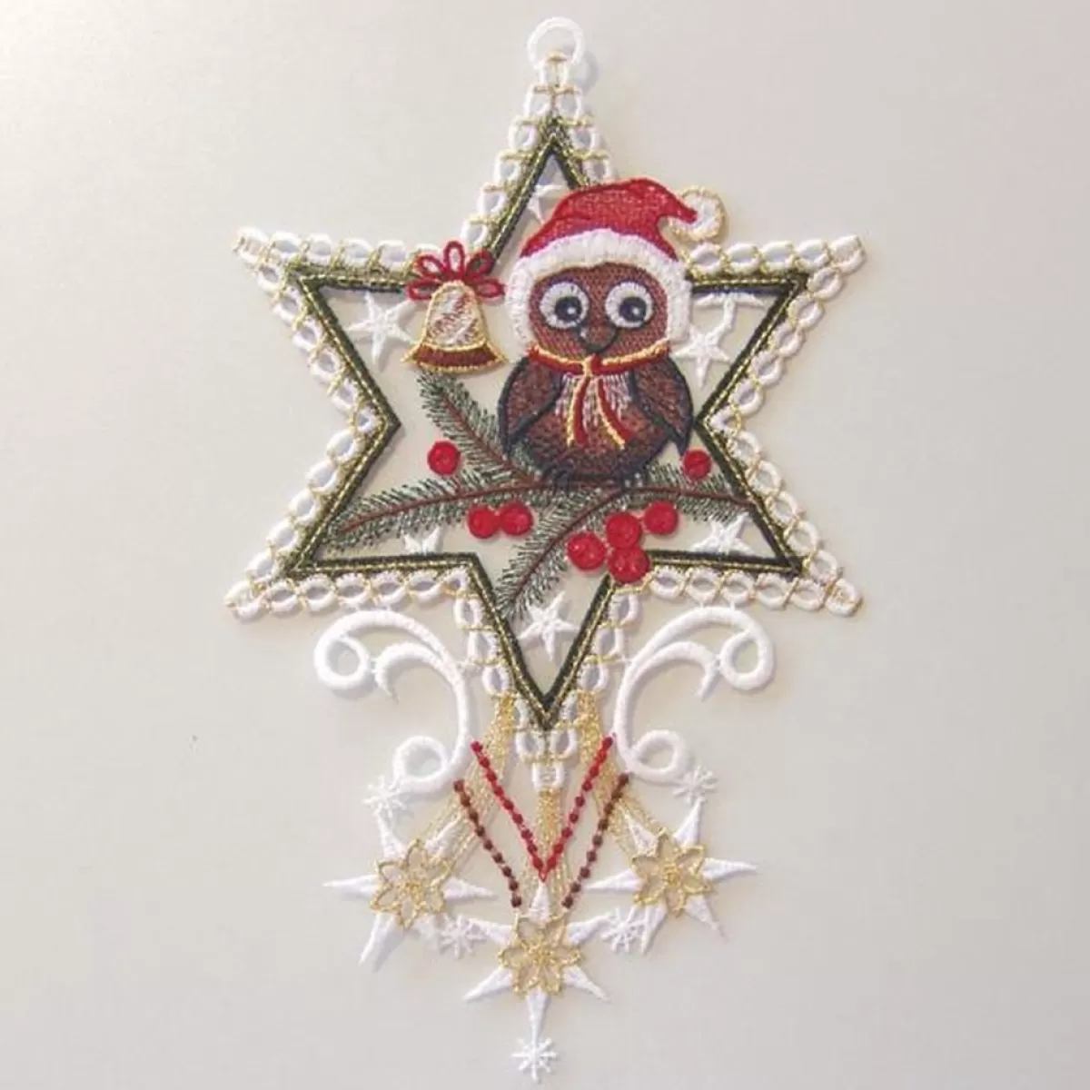 Merkloos Kersthanger>Artisanale - Kerstdecoratie - Raam - Raamhanger In Kant - Uil Met Kerstmuts In Ster
