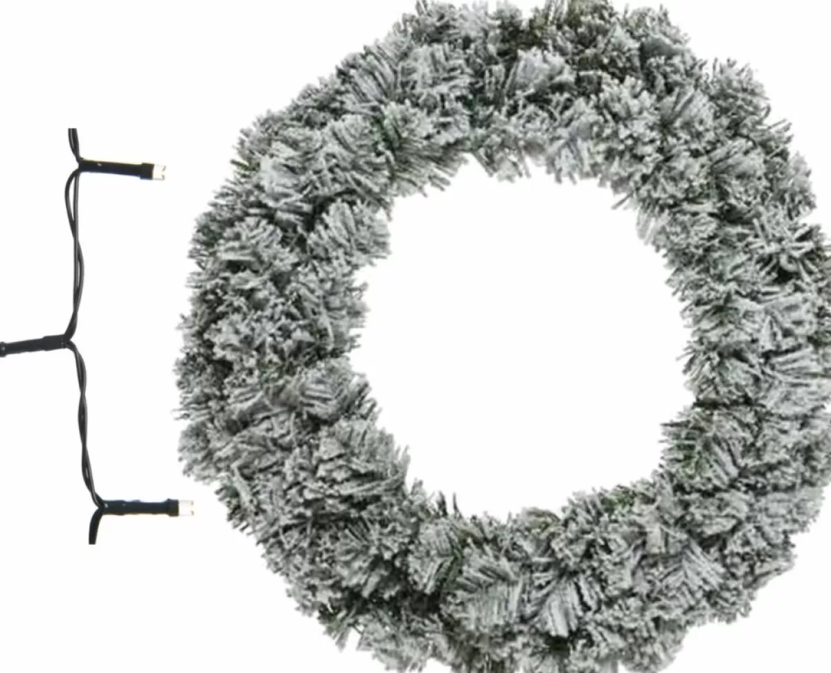 Decoris Kerstkransen>Besneeuwde Kerstkrans/Dennenkrans/Deurkrans 60 Cm Inclusief Warm Witte Verlichting