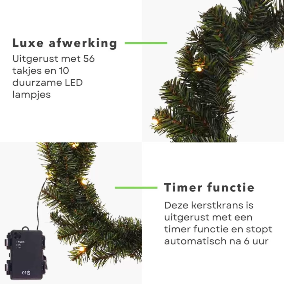 Cheqo Kerstkransen>® Kerstkrans Met Led Verlichting - Krans - Kerstdecoratie - Kerstmis - Met Timer Functie - O35 Cm