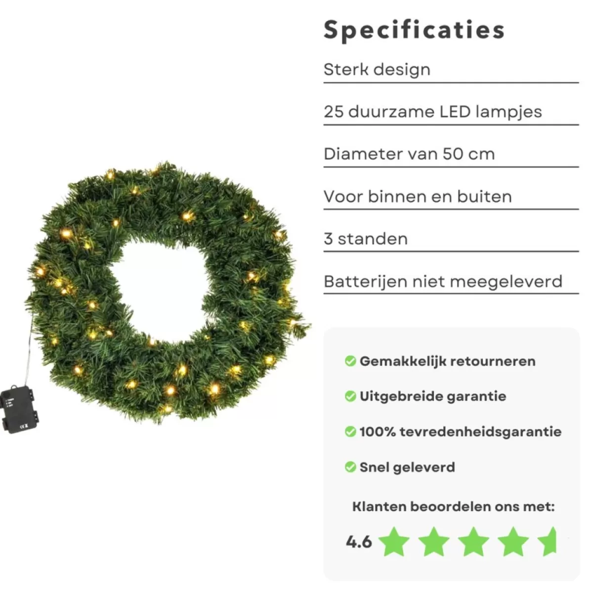 Merkloos Kerstkransen>Cheqo® Kerstkrans Met Led Verlichting - Krans - Kerstdecoratie - Kerstmis - Met Timer Functie - O50 Cm