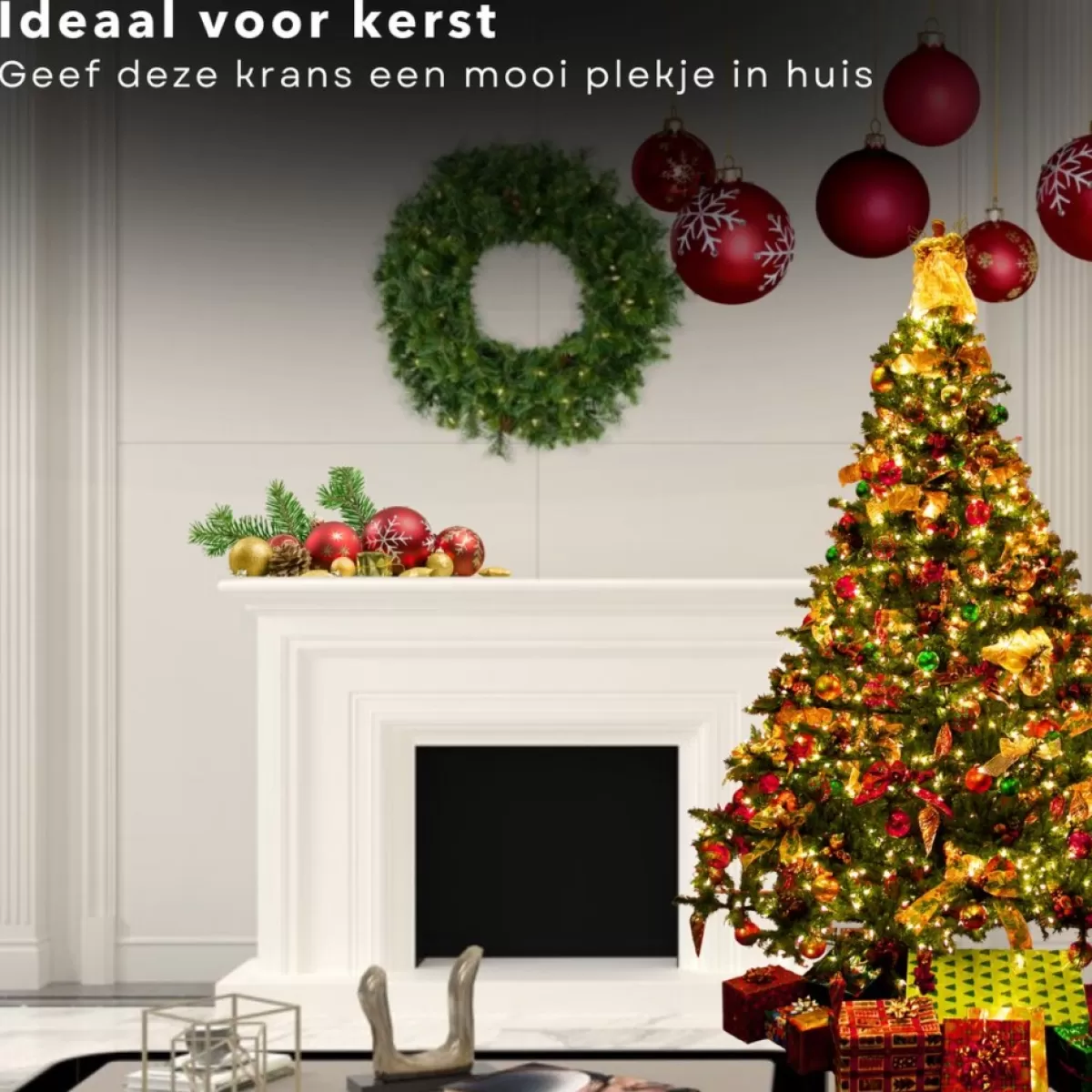 Merkloos Kerstkransen>Cheqo® Kerstkrans Met Led Verlichting - Krans - Kerstdecoratie - Kerstmis - Met Timer Functie - O50 Cm