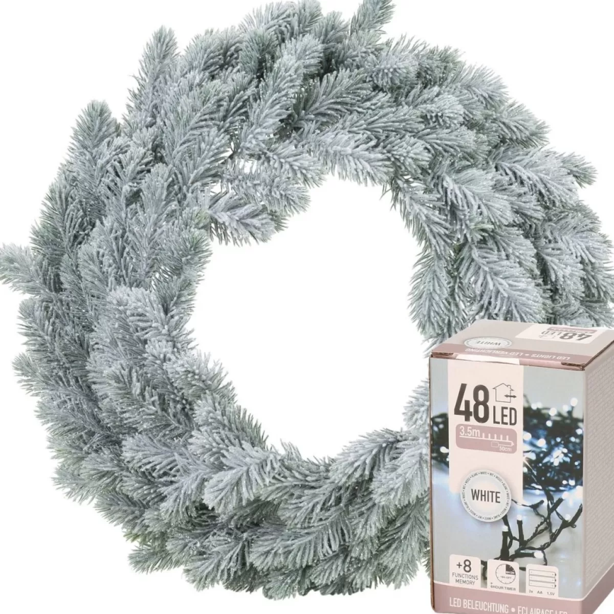 Merkloos Kerstkransen>Decoris Kerstkrans - Groen Met Sneeuw - D36 Cm - Incl. Verlichting Helder Wit
