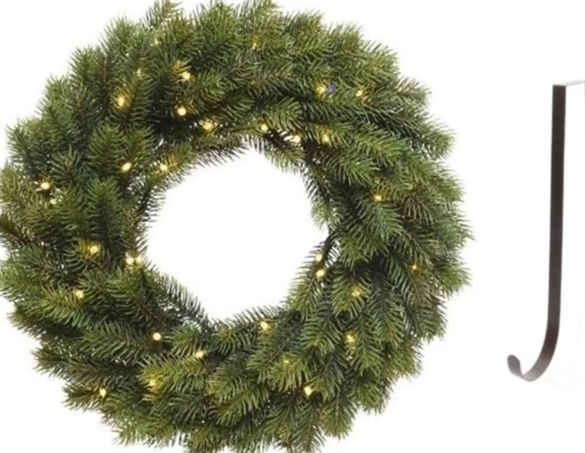 Merkloos Kerstkransen>Dennenkrans 40 Cm Verlichting Met Ijzeren Hanger - Kerst Decoratie Kransen Van Dennentakken