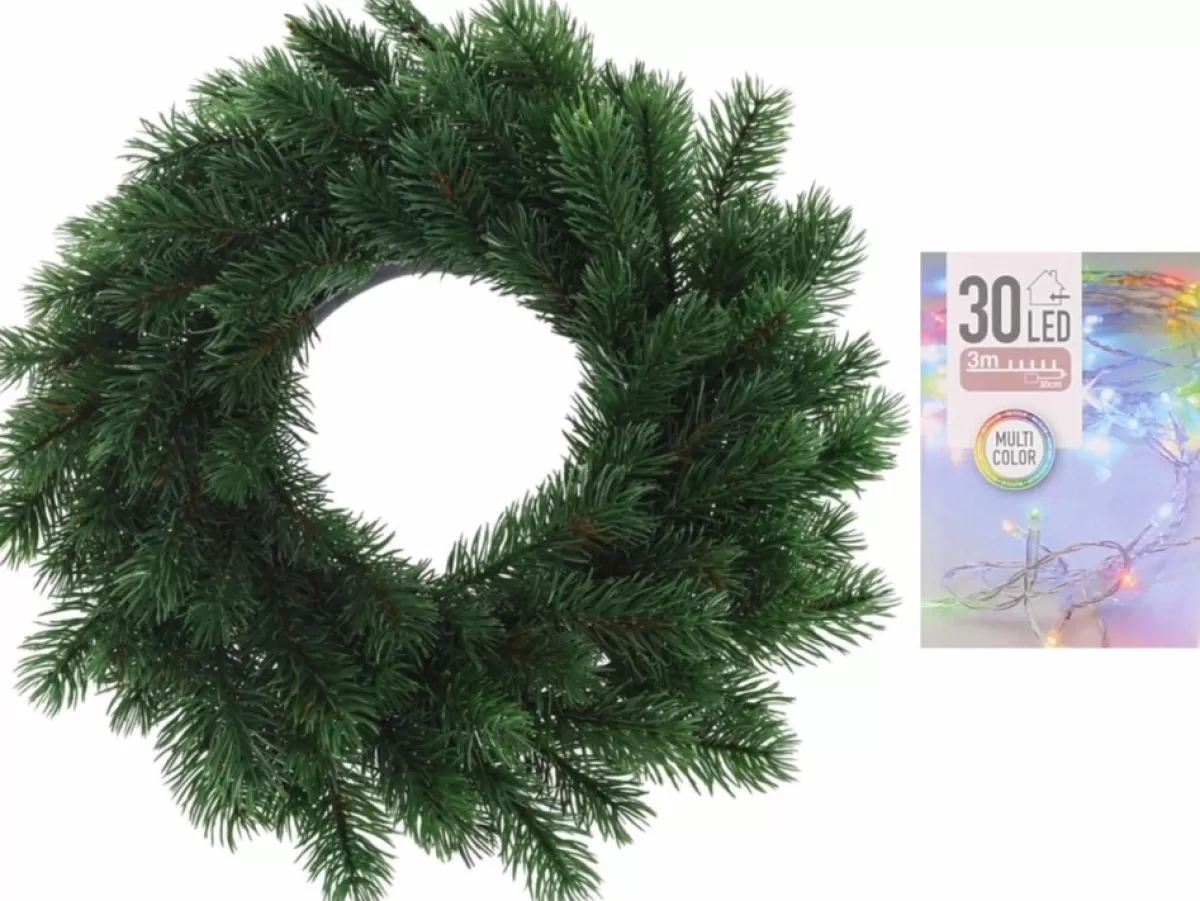 Merkloos Kerstkransen>Dennenkrans/Deurkrans 35 Cm Inclusief Gekleurde Kerstverlichting - Kerstkransen