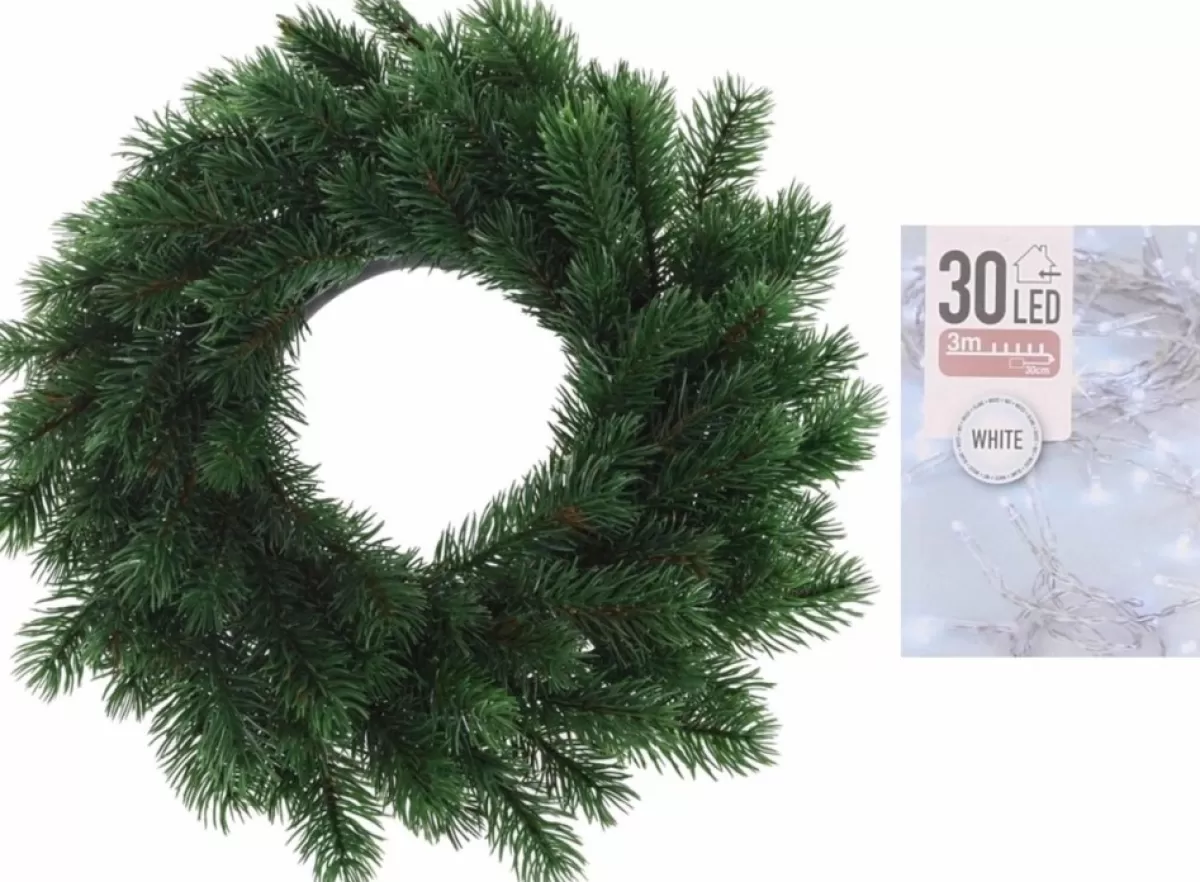 Merkloos Kerstkransen>Dennenkrans/Deurkrans 35 Cm Inclusief Helder Witte Kerstverlichting - Kerstkransen