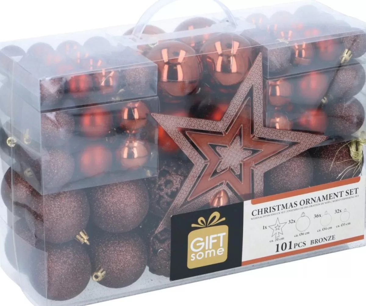Giftsome Kerstboomversieringen> Kerstballen Set - Plastic Kerstballen - Incl. Piek - O 3/4/6 Cm - Kerstversiering Kerstboom - 101 Stuks: Mat, Glanzend, Glitter En Open - Bruin/ Koper
