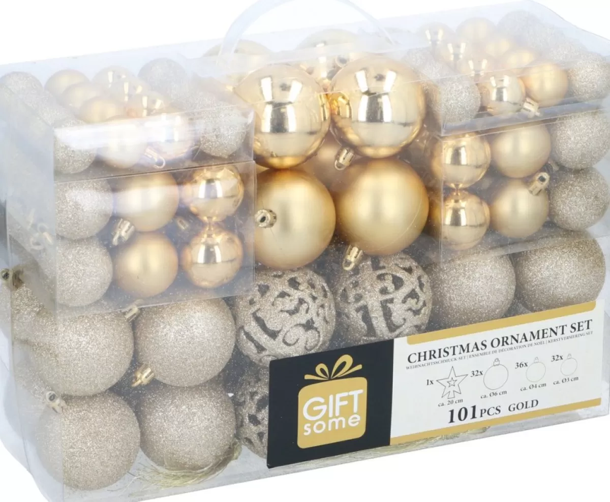 Gifts@Home Kerstboomversieringen>Giftsome Kerstballen Set - Plastic Kerstballen - Incl. Piek - O 3/4/6 Cm - Kerstversiering Kerstboom - 101 Stuks: Mat, Glanzend, Glitter En Open - Goud