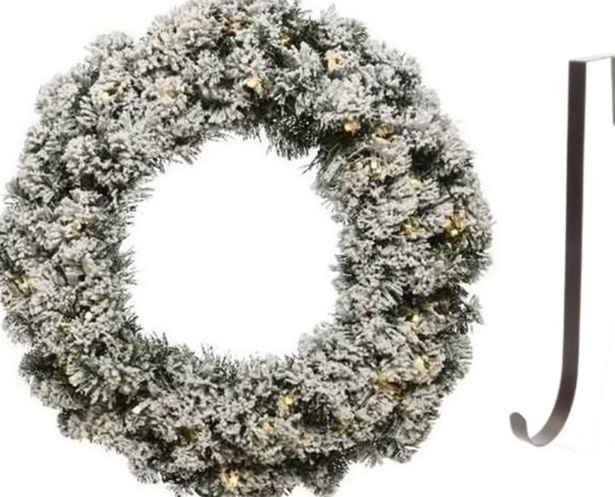 Decoris Kerstkransen>Groen/Witte Led Kerstkrans 50 Cm Imperial Kunstsneeuw Met Ijzeren Hanger - Kerst Decoratie Kransen Van Dennentakken