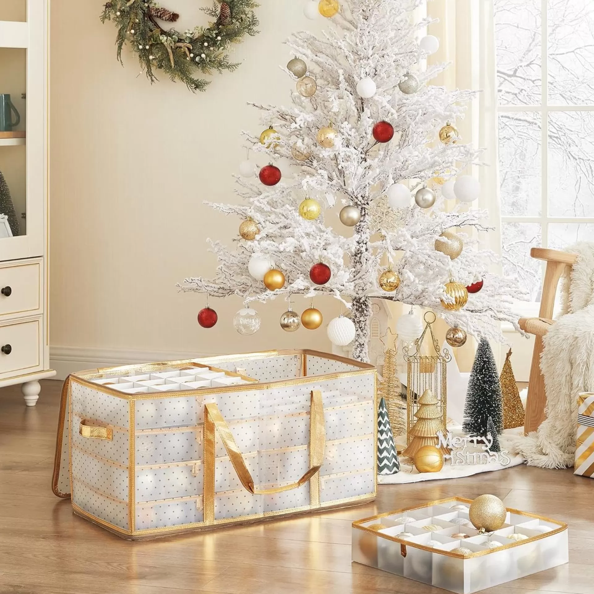 Songmics Hoppa! Kerstbaldozen Kerstversiering 128 Vakken Verstelbare Verdelers 67 X 34 X 34Cm Semi-Transparant Goud Best