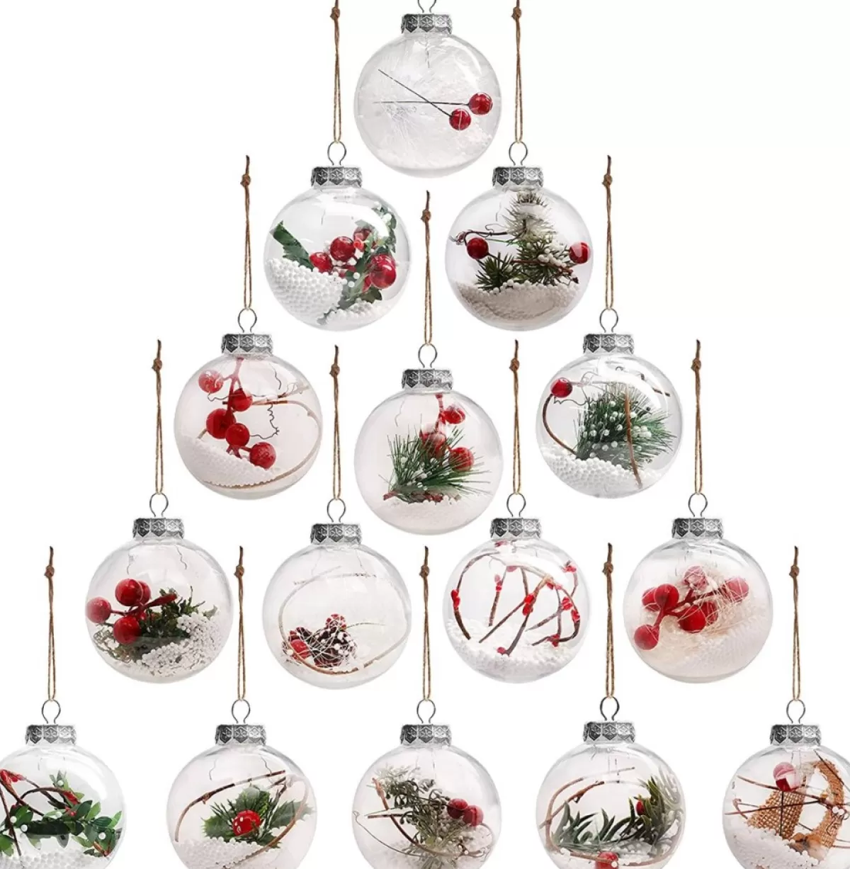 BELLE VOUS Kerstboomversieringen>Kerstballen - Duidelijke Vintage Voorgevulde Versierde Ronde Transparante Plastic Kerstbal Ornamenten Voor Vakantie Decor, Bruiloft Decoratie, Hangende Boom Ornamenten Met Jute Touw (15 Stuks)