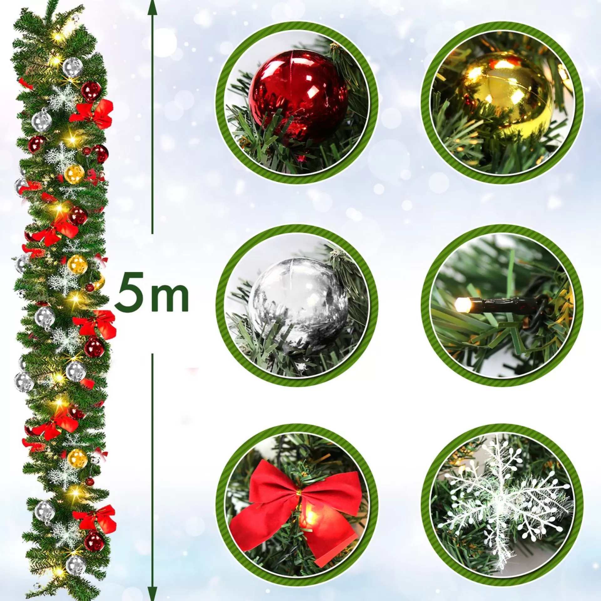 Merkloos Kerstguirlande Met Ledverlichting 5 M Groene Dennenguirlande Met Lampjes, Dennenappels, Kerstballen & Besjes - Binnen Kerst Bruiloft Feest Decoratie - Haardmantel & Trappengat Outlet