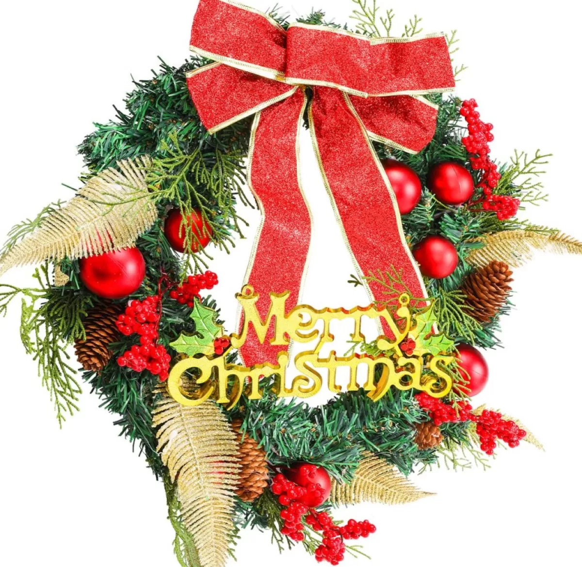 Merkloos Kerstkransen>Kerstkrans 45Cm 50 Led Verlichting - Kerstballen Met Rood En Bruinelint Kerstdecoratie Kerstmis Kunststof