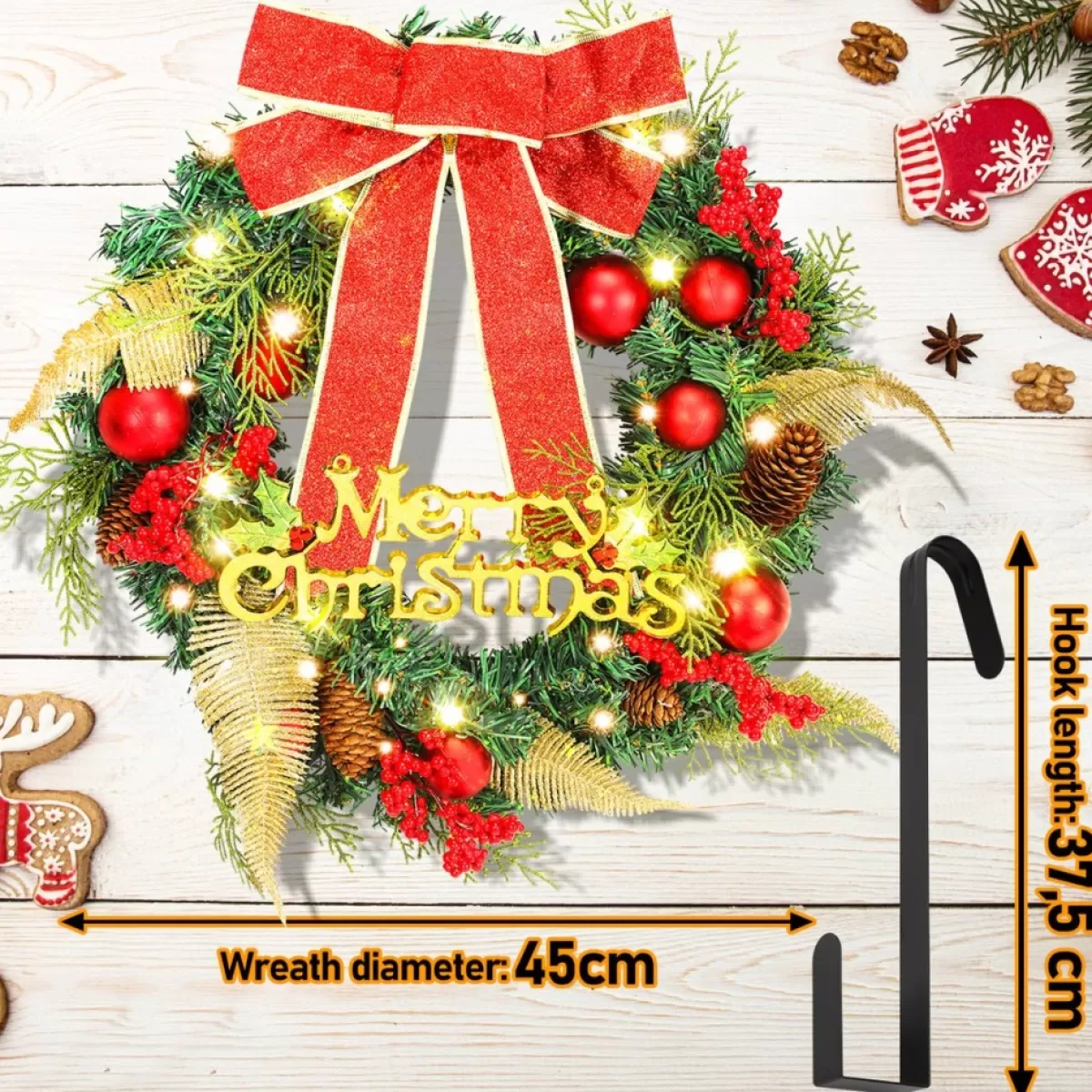 Merkloos Kerstkransen>Kerstkrans 45Cm 50 Led Verlichting - Kerstballen Met Rood En Bruinelint Kerstdecoratie Kerstmis Kunststof