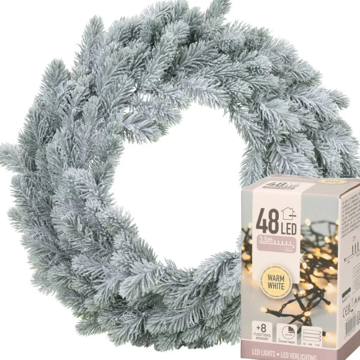 Merkloos Kerstkransen>Kerstkrans - Groen Met Sneeuw - D36 Cm - Incl. Verlichting Warm Wit