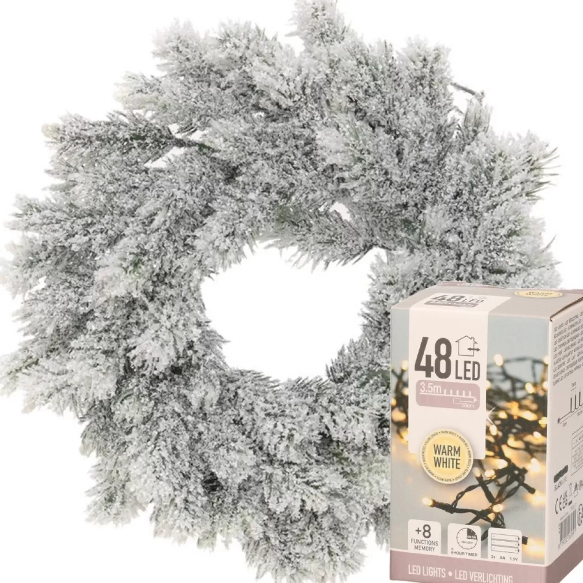 Decoris Kerstkransen>Kerstkrans - Met Sneeuw - D35 Cm - Incl. Verlichting Warm Wit