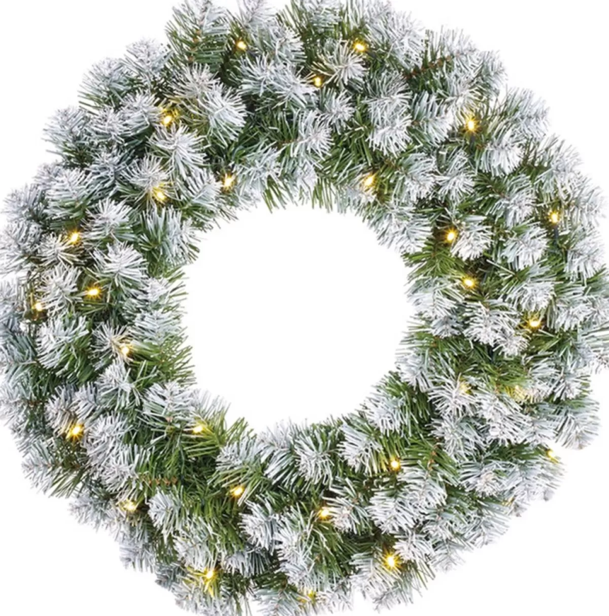 Mica Decorations Kerstkransen>Kerstkrans/Deurkrans Groen Verlichting 30 Lampjes En Sneeuw 60 Cm Met Ijzeren Hanger - Kerstversiering/Kerstdecoratie Kransen