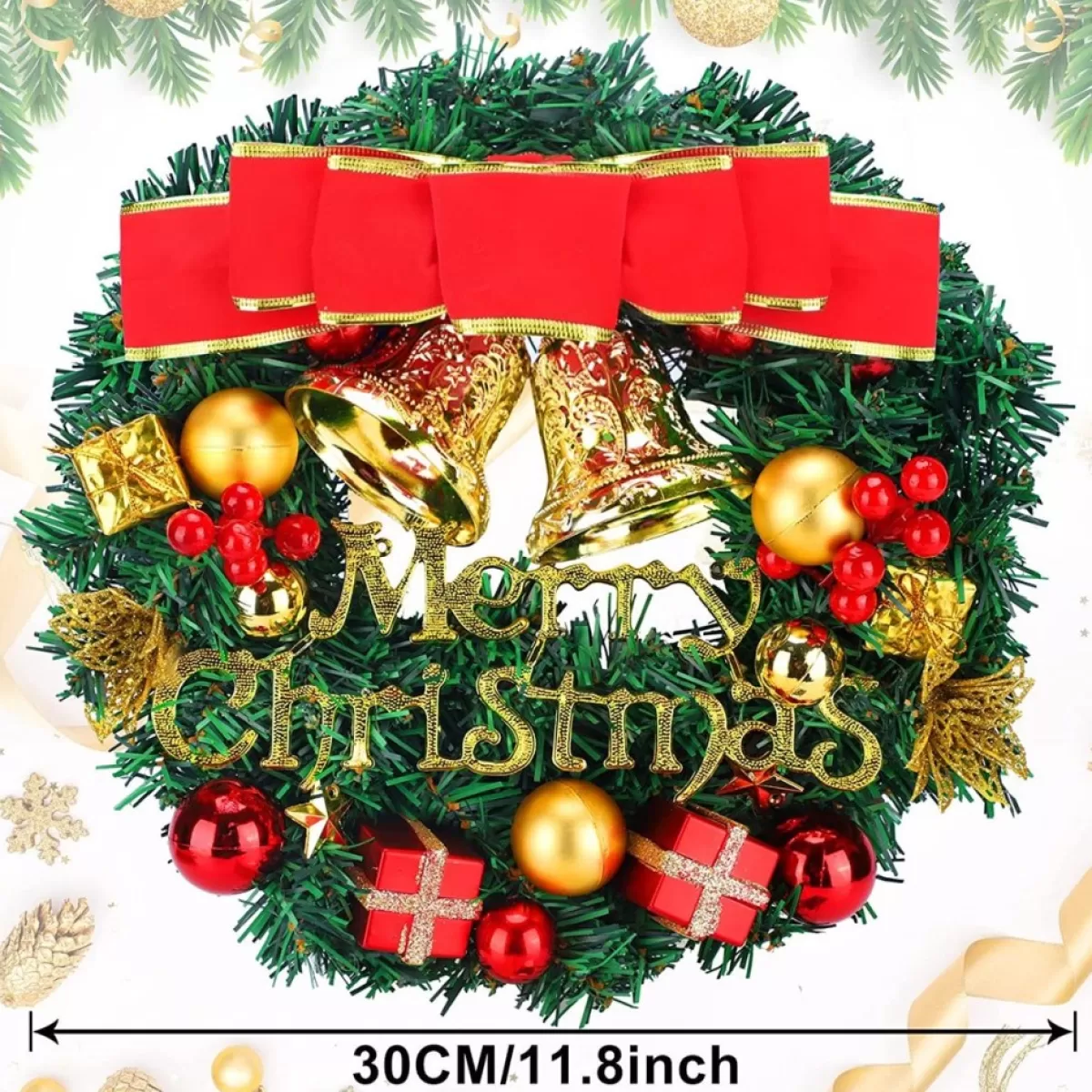 Selwo Kerstkransen>Kerstmis, 30Cm Kerstkrans Delicate Kerstdecoratiekrans, Kerstkrans Voor Deur Met Bal, Strik En Bellen, Kerstkrans Voordeur, Dennenkrans Voor Deurraamornament