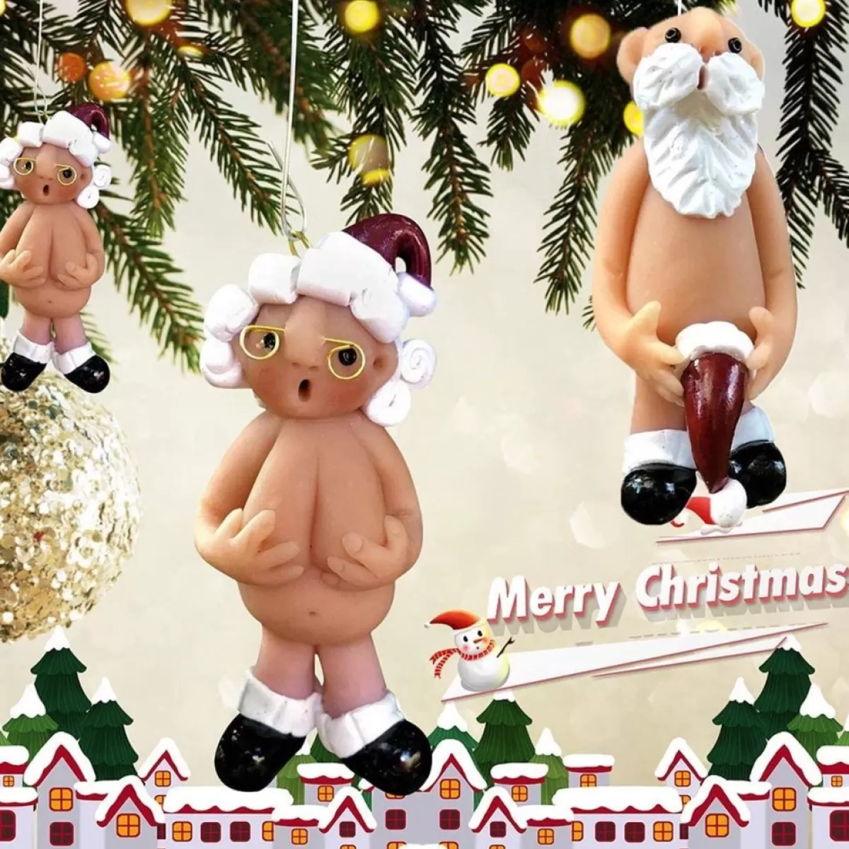 Merkloos Kerstboomversieringen>Kerstversiering 5 Cm | Opa Oma Kado | Blote Kerstman En Blote Kerstvrouw | Kerstornament | Cadeau