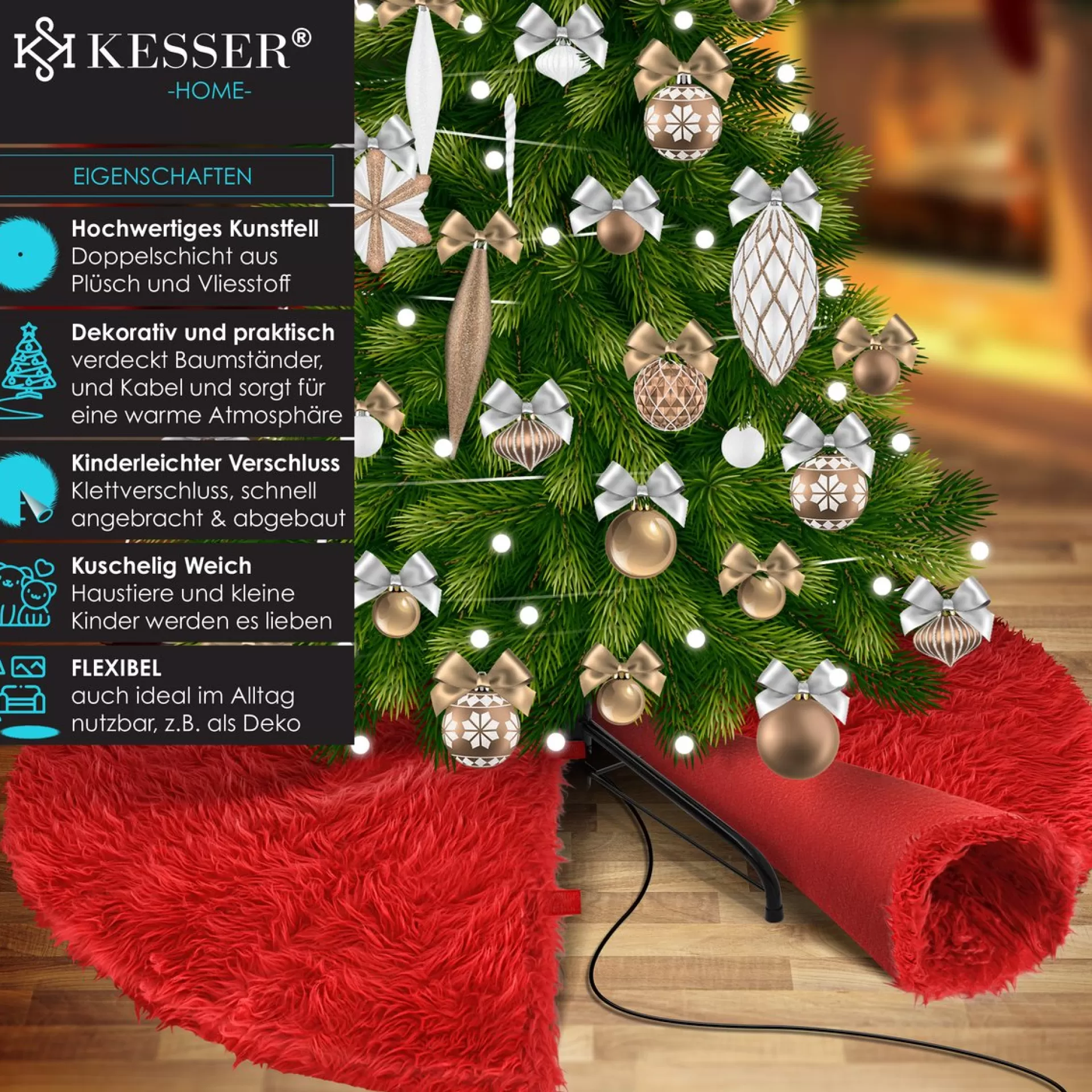 Kesser ® Kerstboomrok Kerstboomkleed Imitatiebont Rond Kerstboom Tapijt Vilt Pluche Voor Sneeuw Decoratie Versieringen - Rood / O 150 Cm Rood - O 78 Cm Store