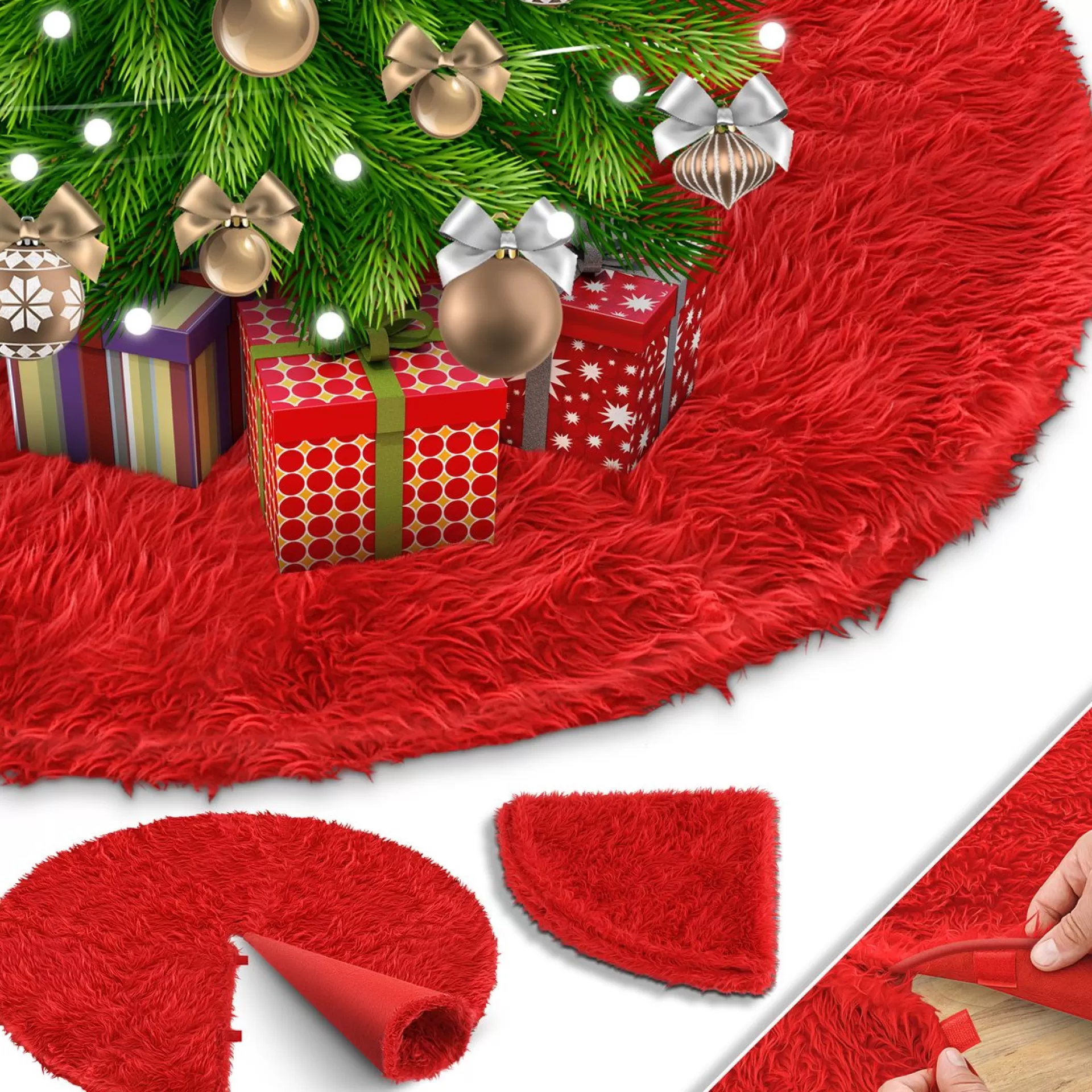 Kesser ® Kerstboomrok Kerstboomkleed Imitatiebont Rond Kerstboom Tapijt Vilt Pluche Voor Sneeuw Decoratie Versieringen - Rood / O 150 Cm Rood - O 78 Cm Store