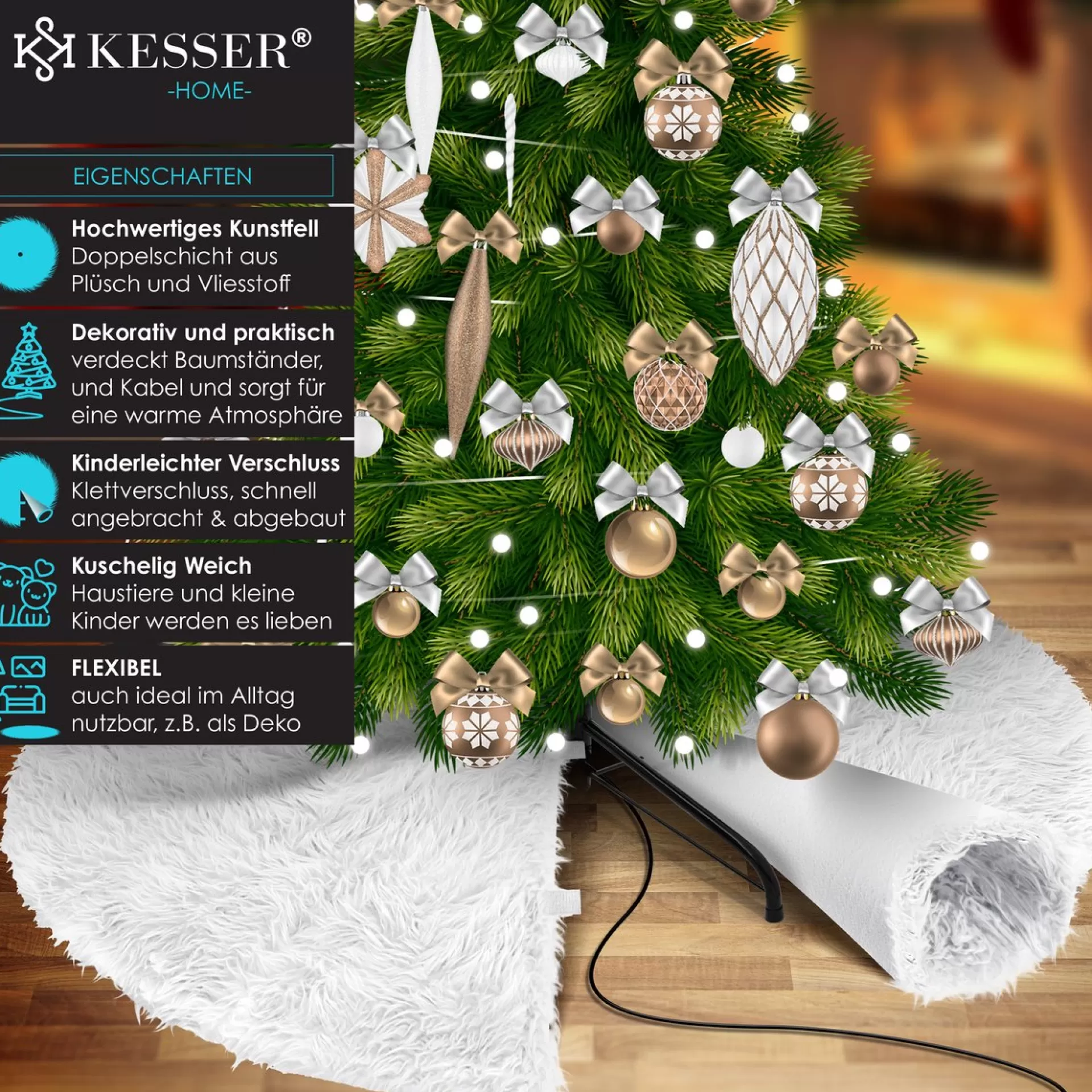 Kesser ® Kerstboomrok Kerstboomkleed Imitatiebont Rond Kerstboom Tapijt Vilt Pluche Voor Sneeuw Decoratie Versieringen - Wit / O 78 Cm Wit - O 78 Cm Store