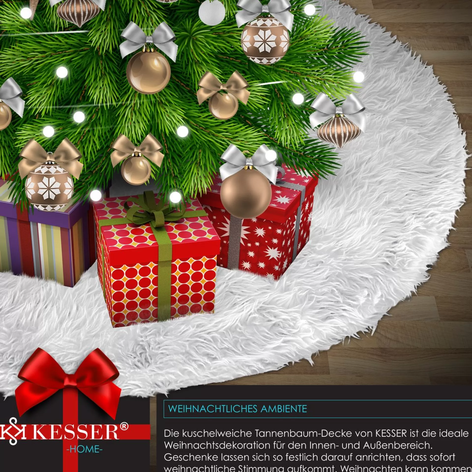 Kesser ® Kerstboomrok Kerstboomkleed Imitatiebont Rond Kerstboom Tapijt Vilt Pluche Voor Sneeuw Decoratie Versieringen - Wit / O 78 Cm Wit - O 78 Cm Store