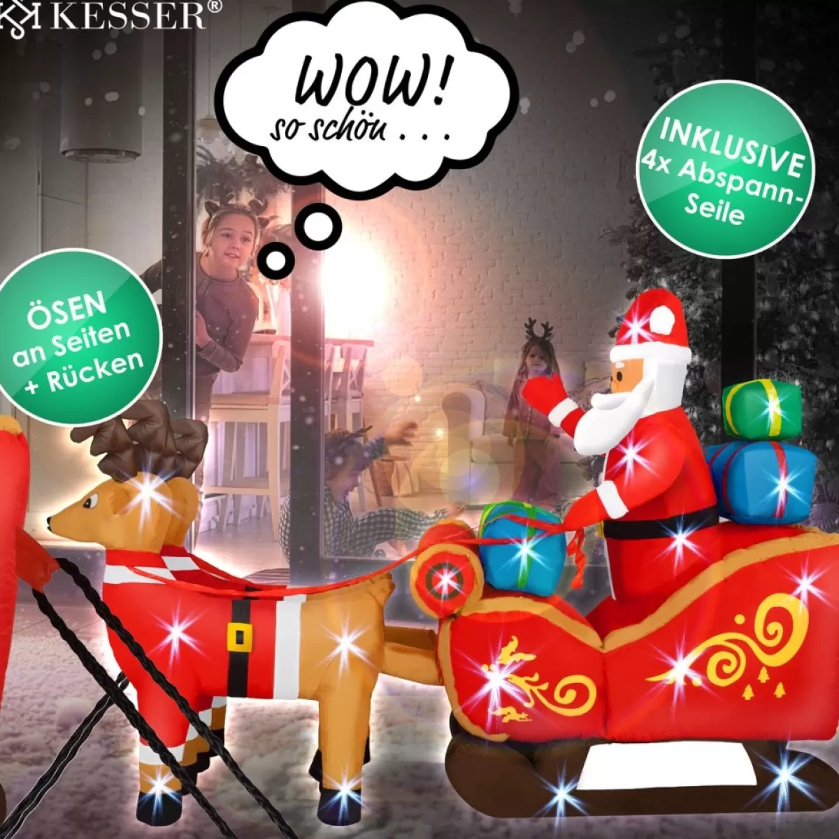 Kesser Kerstbeelden>® Opblaasbare Kerstman Met Slee Xl Led Verlicht - Kerstman Pop Met Rendier Kerstverlichting Incl. Bevestigingsmateriaal Kerstversiering Kerstdecoratie