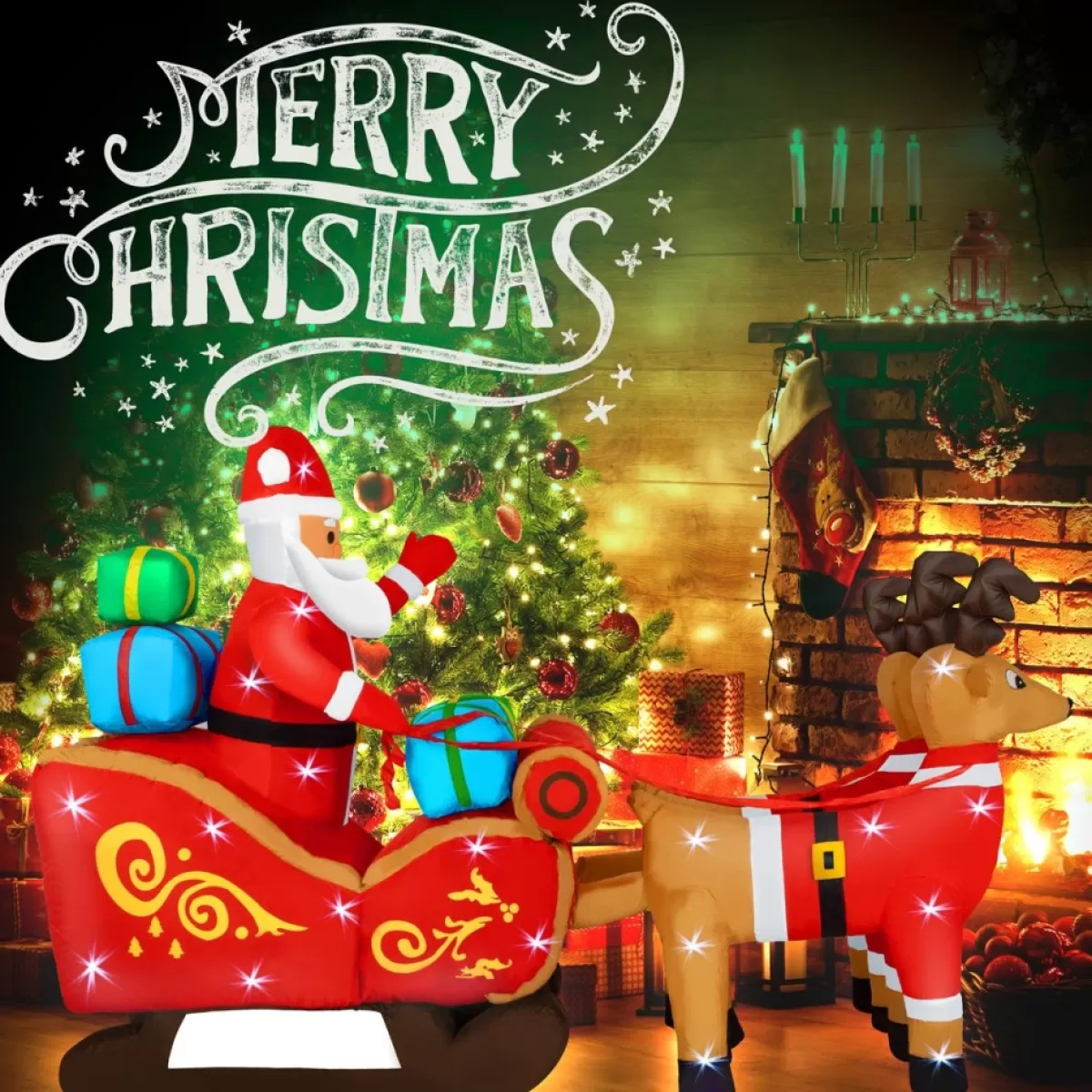 Kesser Kerstbeelden>® Opblaasbare Kerstman Met Slee Xl Led Verlicht - Kerstman Pop Met Rendier Kerstverlichting Incl. Bevestigingsmateriaal Kerstversiering Kerstdecoratie
