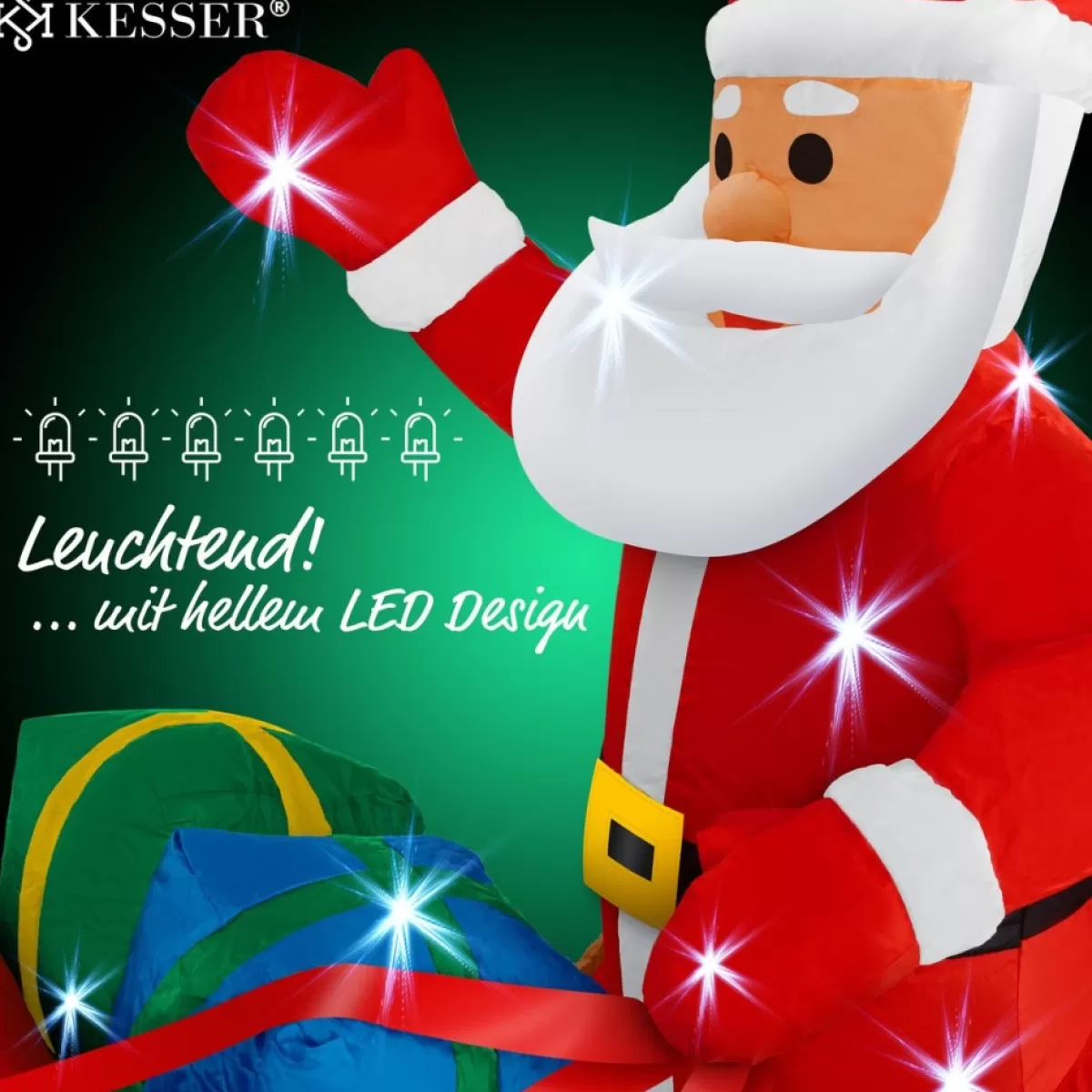 Kesser Kerstbeelden>® Opblaasbare Kerstman Met Slee Xl Led Verlicht - Kerstman Pop Met Rendier Kerstverlichting Incl. Bevestigingsmateriaal Kerstversiering Kerstdecoratie