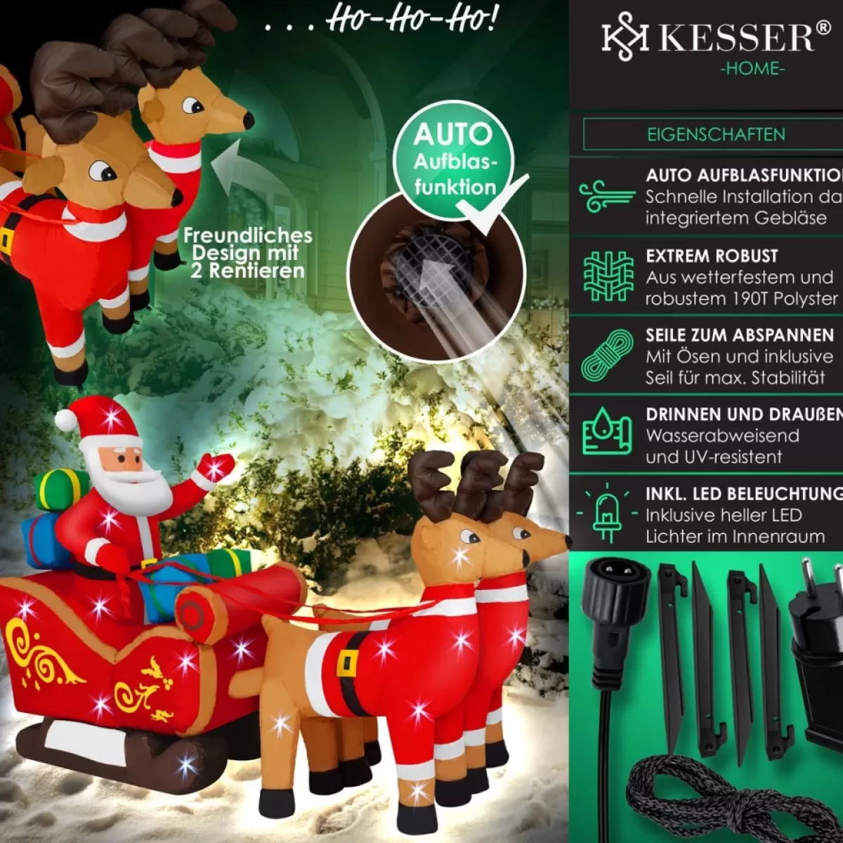 Kesser Kerstbeelden>® Opblaasbare Kerstman Met Slee Xl Led Verlicht - Kerstman Pop Met Rendier Kerstverlichting Incl. Bevestigingsmateriaal Kerstversiering Kerstdecoratie