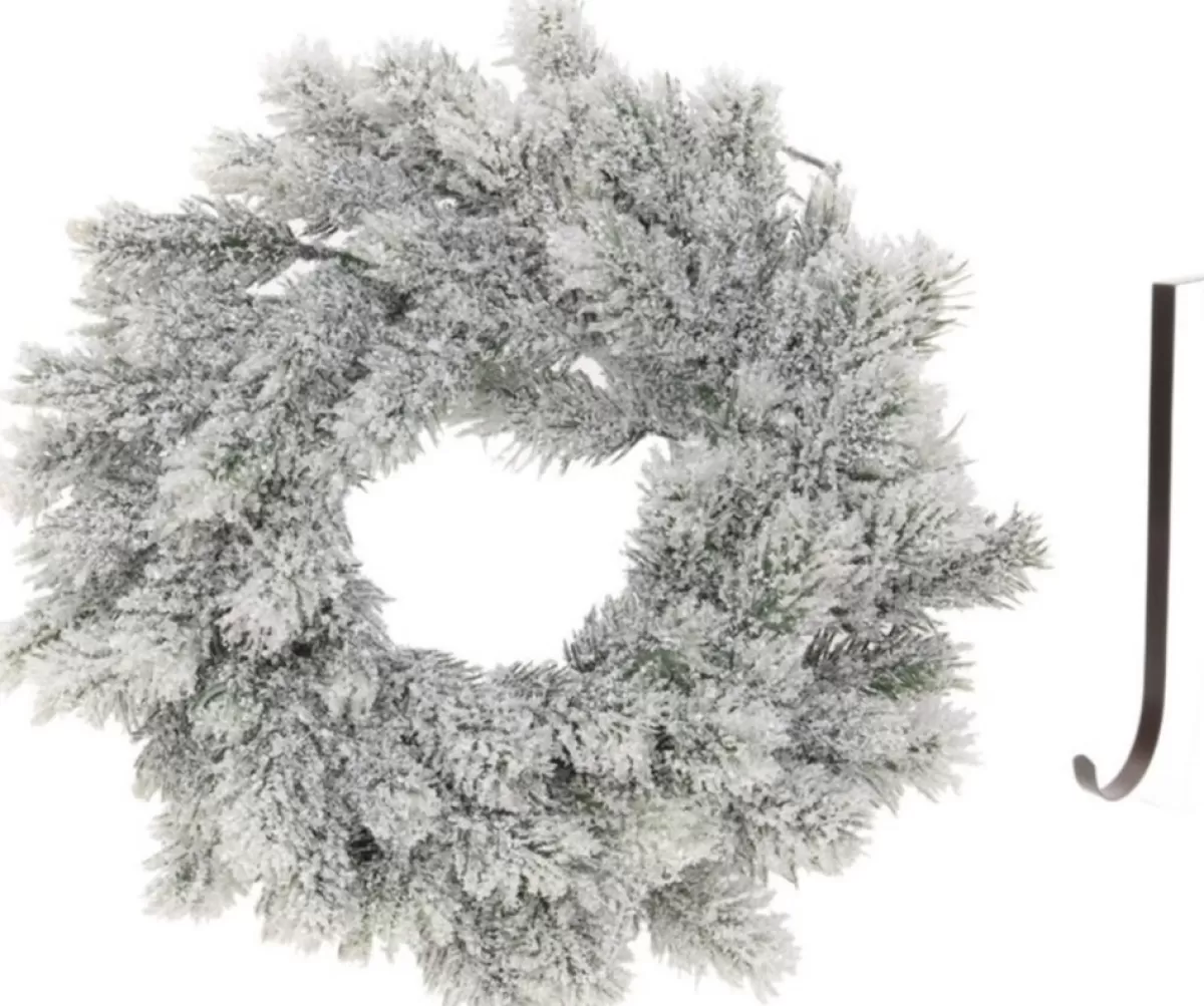 Merkloos Kerstkransen>Kunst Kerstkrans Groen/Sneeuw 35 Cm Met Ijzeren Hanger - Kerst Decoratie Kransen Van Dennentakken