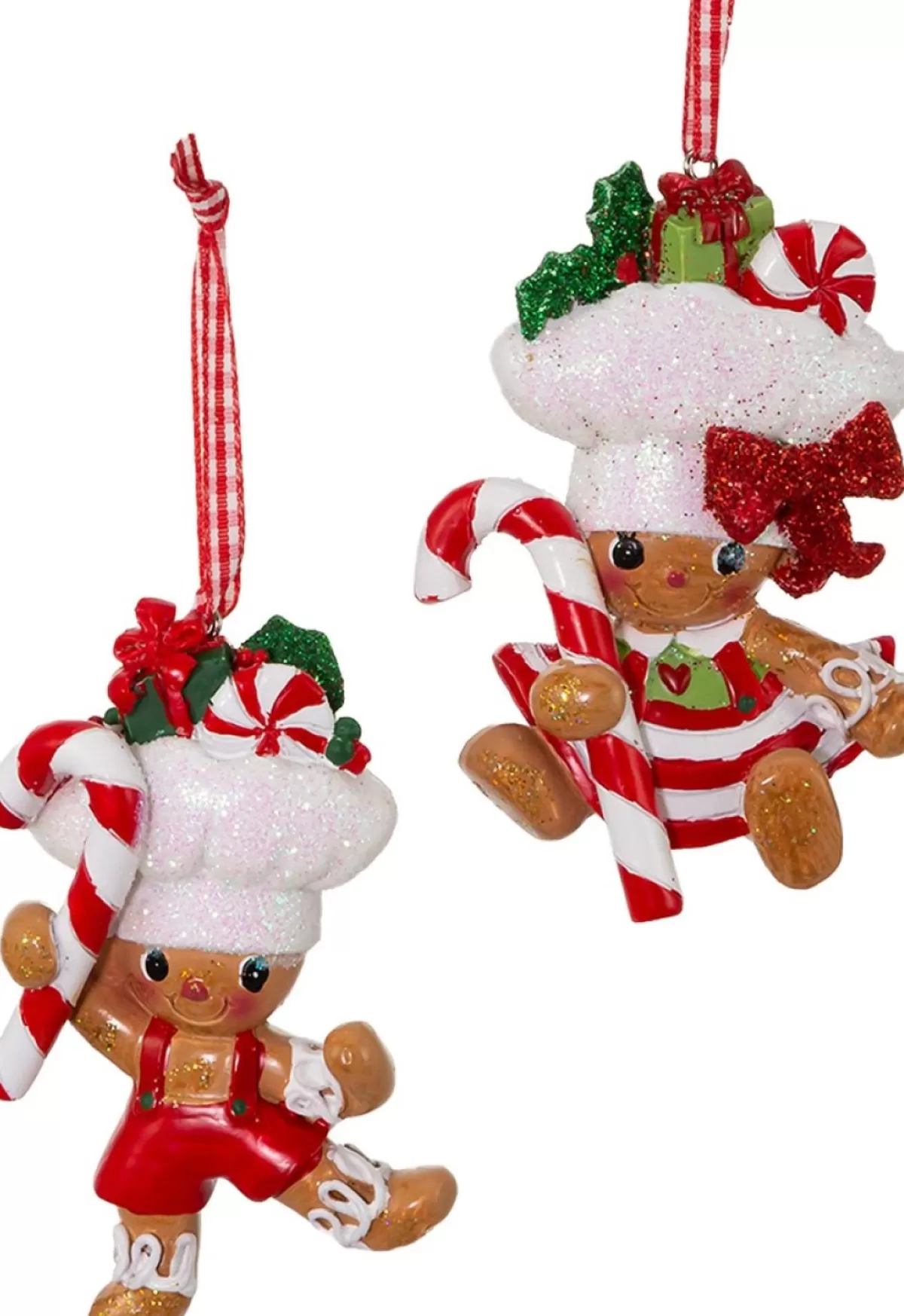 Kurt S. Adler Kerstboomversieringen> Kerstornament - Pepermunt Swirl Gingerbread Mannetjes - Set Van 2 - Rood Bruin Wit - 9Cm