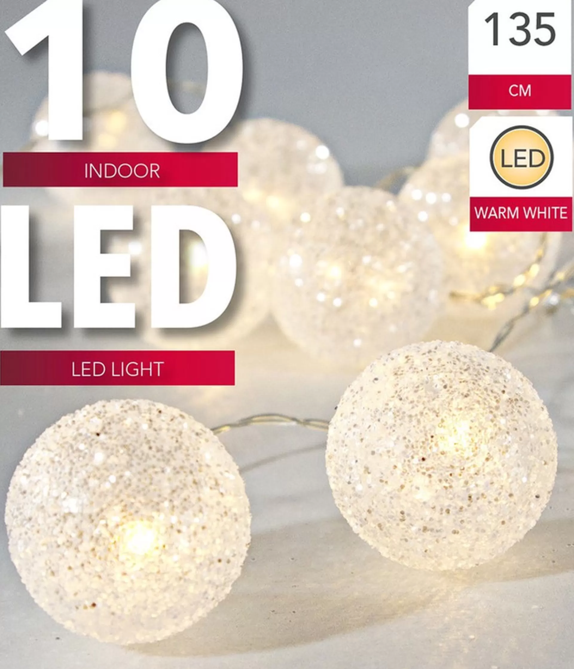 Svenska Living Kerstlichtsnoeren>Lichtsnoer 10 Witte Glitter Bollen D5 Cm -Warm Wit - Batterij- 135 Cm