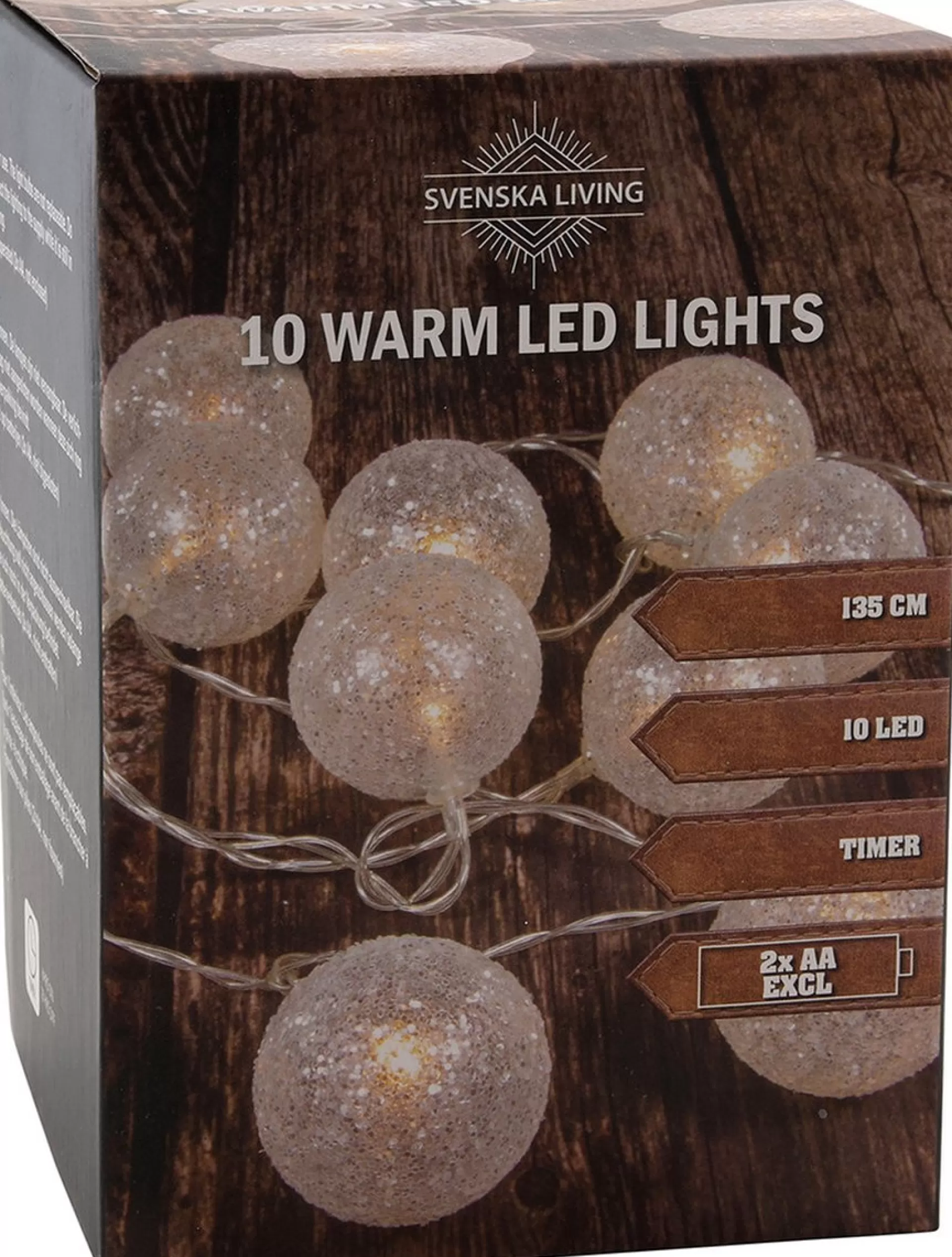 Svenska Living Kerstlichtsnoeren>Lichtsnoer 10 Witte Glitter Bollen D5 Cm -Warm Wit - Batterij- 135 Cm