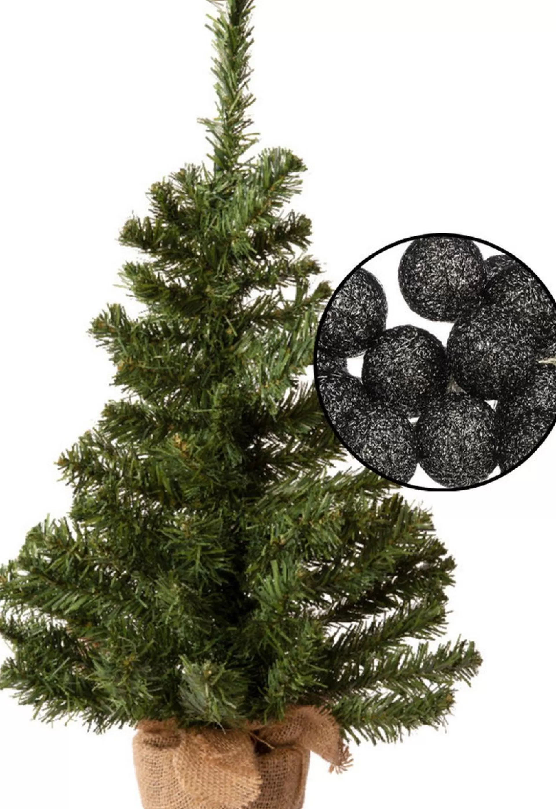 Merkloos Mini Kerstboompje Groen - Met Verlichte Bollen Lichtsnoer H60 Cm Zwart Shop