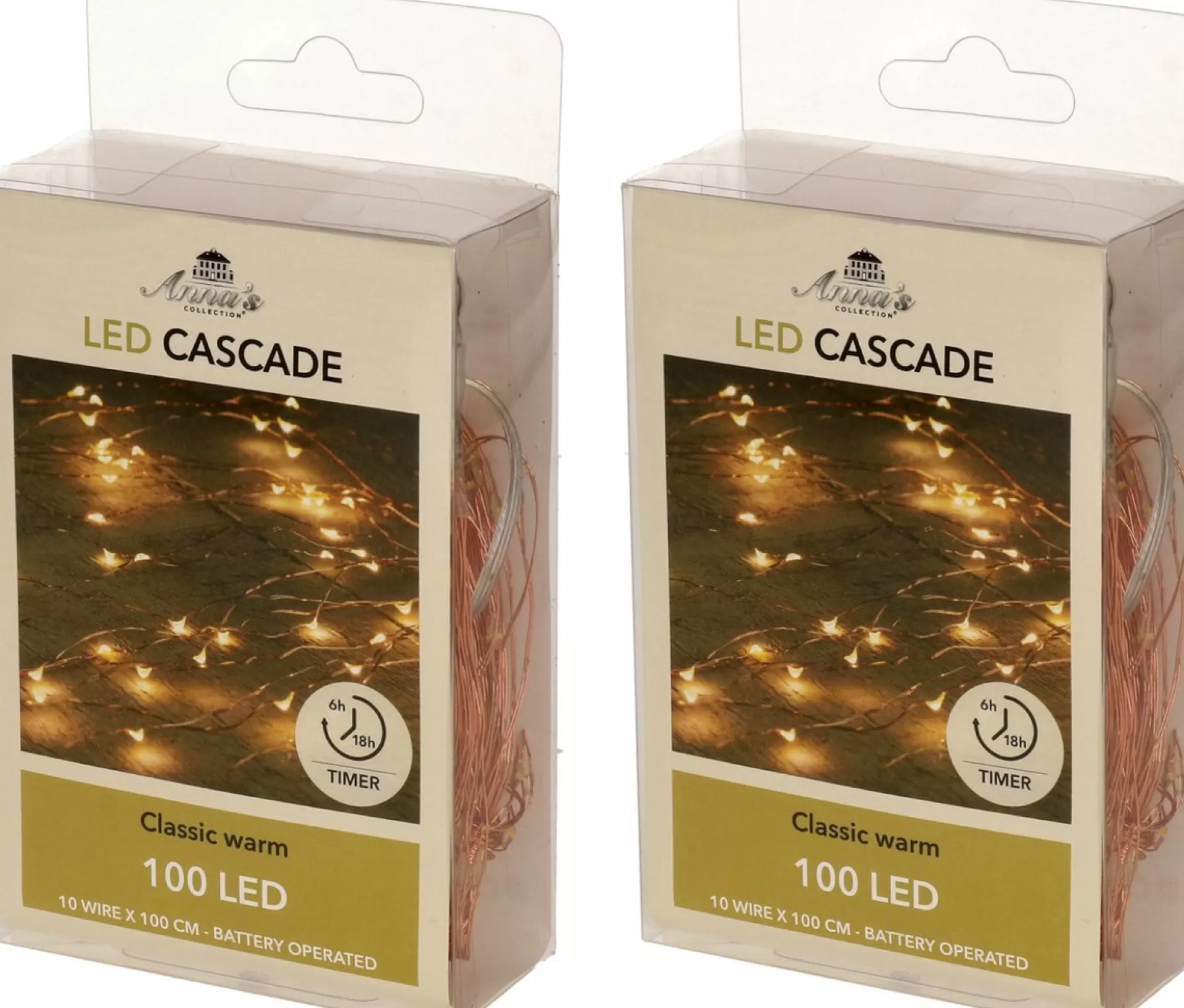 Anna's Collection Kerstlichtsnoeren>Set Van 2X Stuks Cascade Draadverlichting Lichtsnoer Met 100 Lampjes Warm Wit Met 10 Lichtdraden - Kerstverlichting
