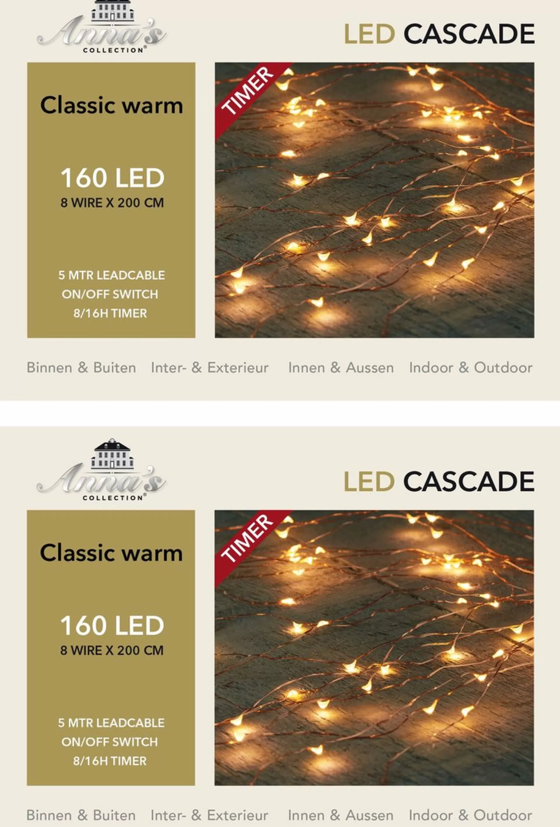 Anna's Collection Set Van 2X Stuks Cascade Draadverlichting Lichtsnoer Met 160 Lampjes Warm Wit Met 8 Lichtdraden - Lichtsnoeren - Kerstverlichting Store