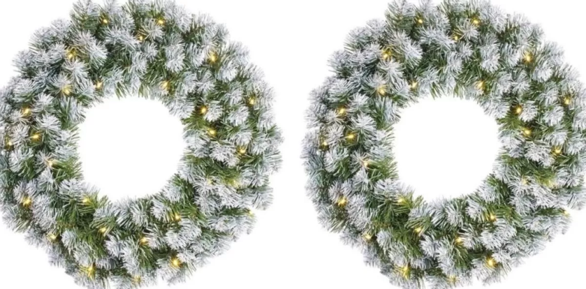 Mica Decorations Kerstkransen>Set Van 2X Stuks Kerstkransen/Deurkransen Groen Met Verlichting 30 Leds En Sneeuw 60 Cm - Deurkransen/Voordeur Kransen
