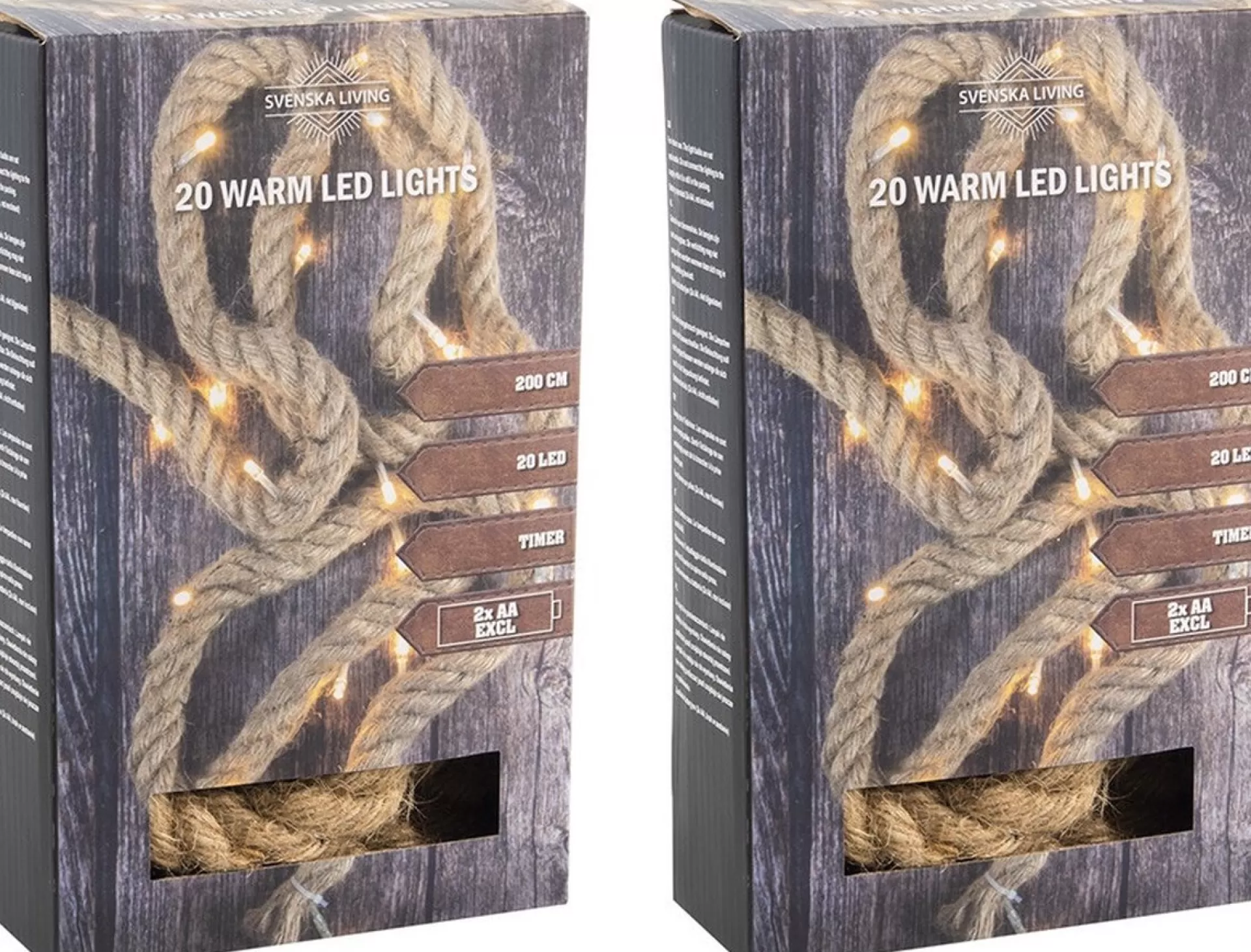 Svenska Living Kerstlichtsnoeren>Set Van 2X Stuks Touwverlichting Jute Op Batterijen Met 20 Lampjes Warm Wit 200 Cm - Kerstverlichting Lichtsnoeren Kerstversiering