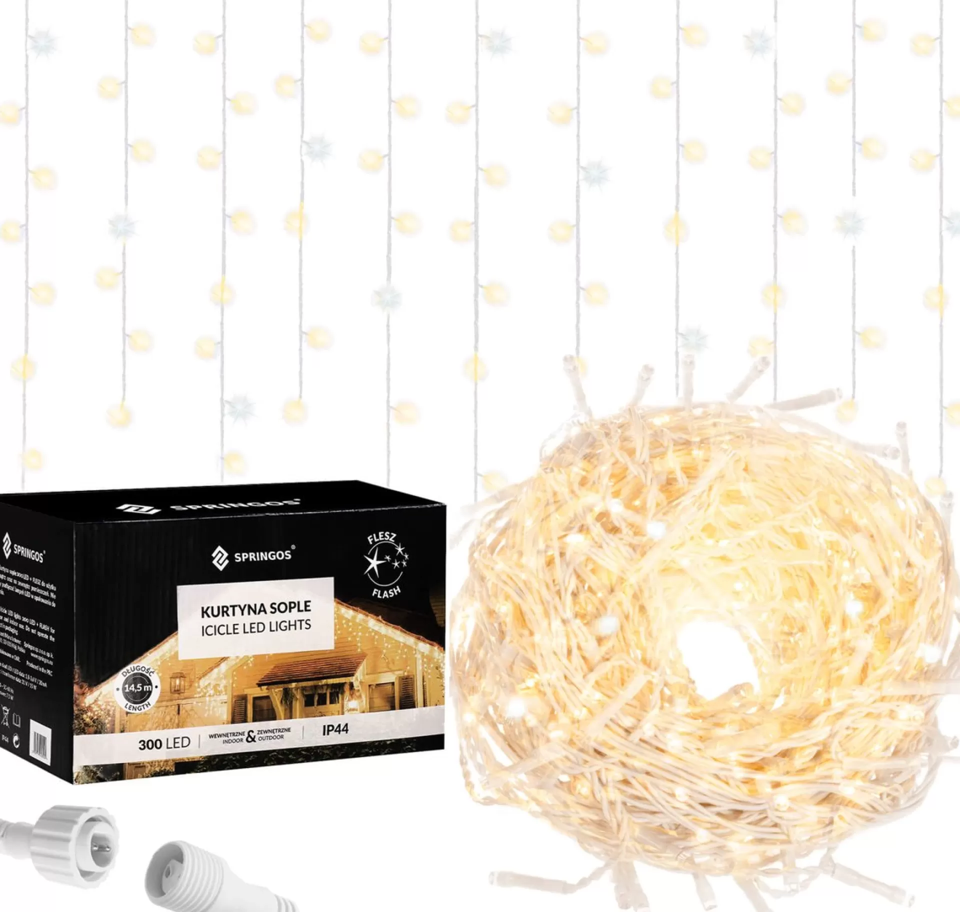 springos Ijspegel Verlichting Buiten | Ijspegel Verlichting | Kerstverlichting Buiten | 12 M + 2.5 M Snoer | Connectable | 300 Led | Flash | Clearance