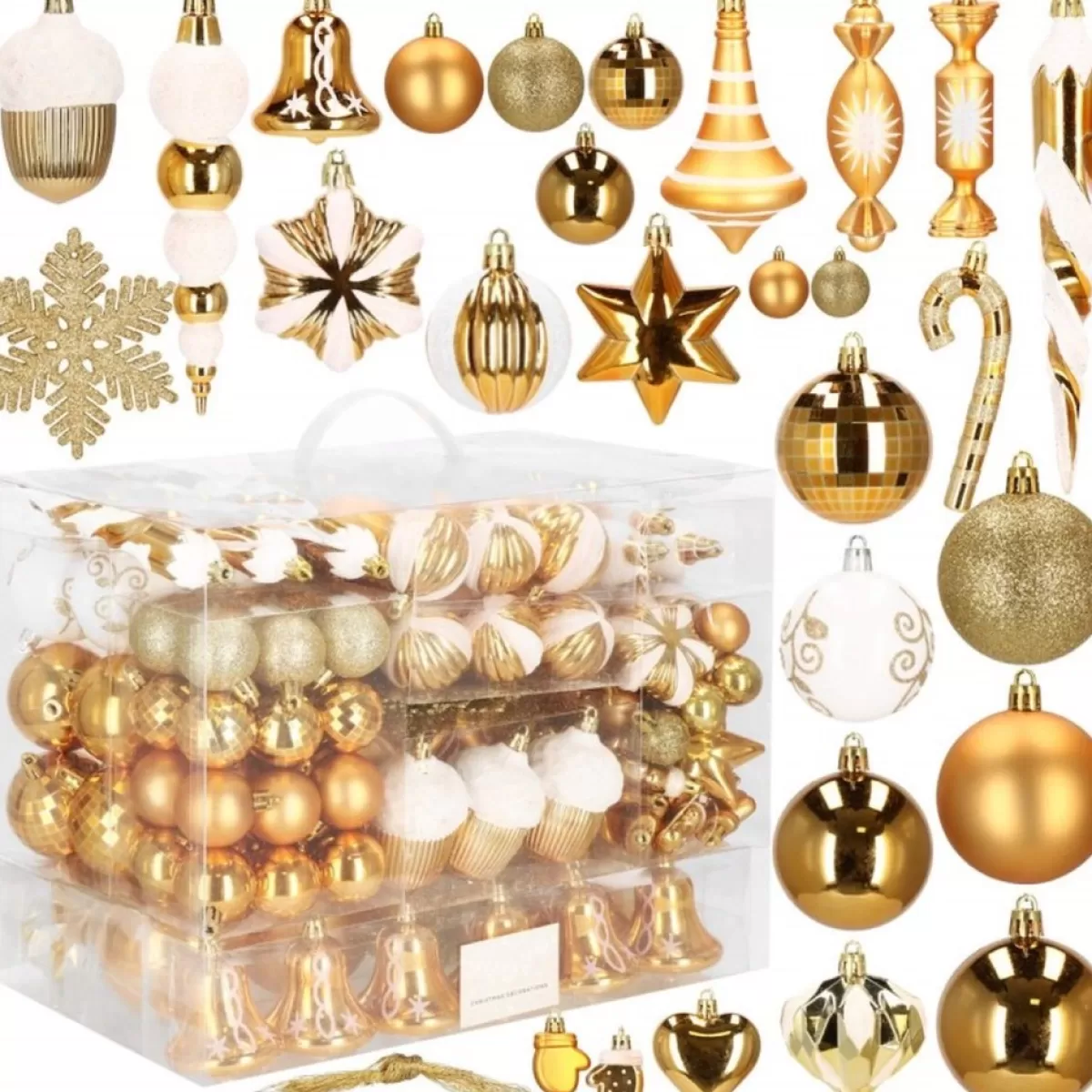 springos Kerstboomversieringen> Kerstballen | Kerstversiering | Onbreekbaar | 153 Stuks | Goud/Wit