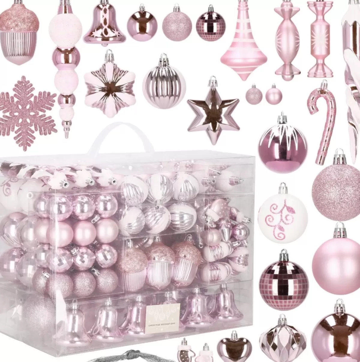 springos Kerstboomversieringen> Kerstballen | Kerstversiering | Onbreekbaar | 153 Stuks | Roze/Wit