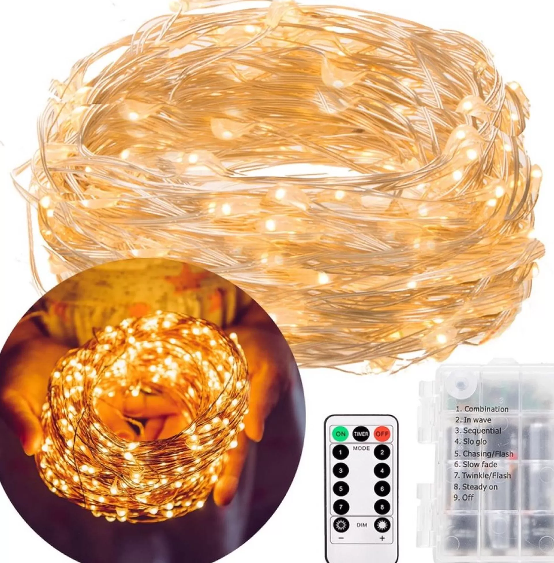 springos Kerstlichtsnoeren> Kerstverlichting | 9.9 M + 0.3 M Snoer | Batterij | Inclusief Afstandsbediening | 100 Led | Warm Wit