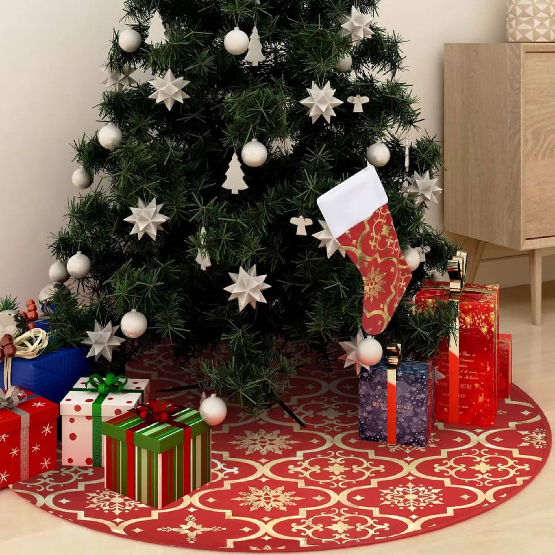 The Living Store Kerstboomrok 122 Cm - Met Sneeuwpatroon - Inclusief Kerstsok Rood Sale