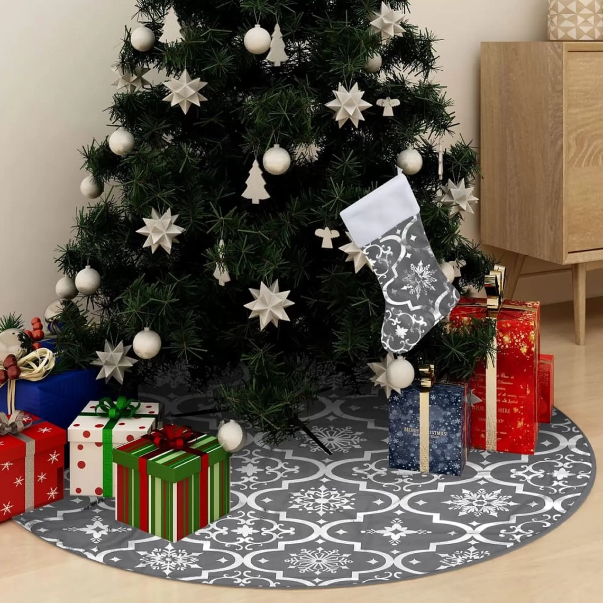 The Living Store Kerstboomrok 90 Cm - Sneeuwpatroon - Inclusief Kerstsok Grijs Discount
