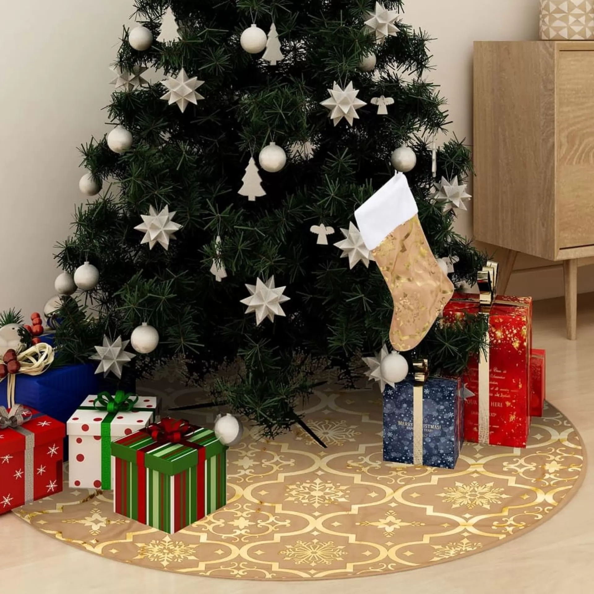 The Living Store Kerstboomrok O122 Cm - Met Sneeuwpatroon - Inclusief Kerstsok Geel Clearance