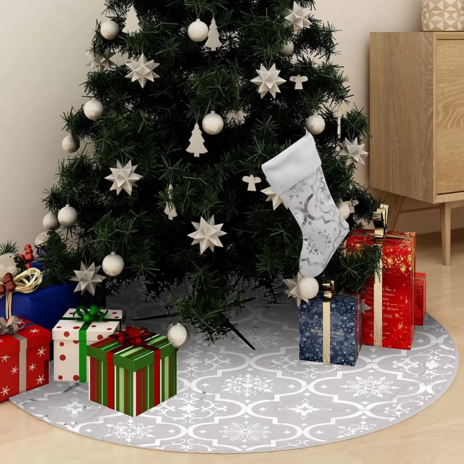 The Living Store Kerstboomrok Sneeuwpatroon 150 Cm - Inclusief Kerstsok Wit Store