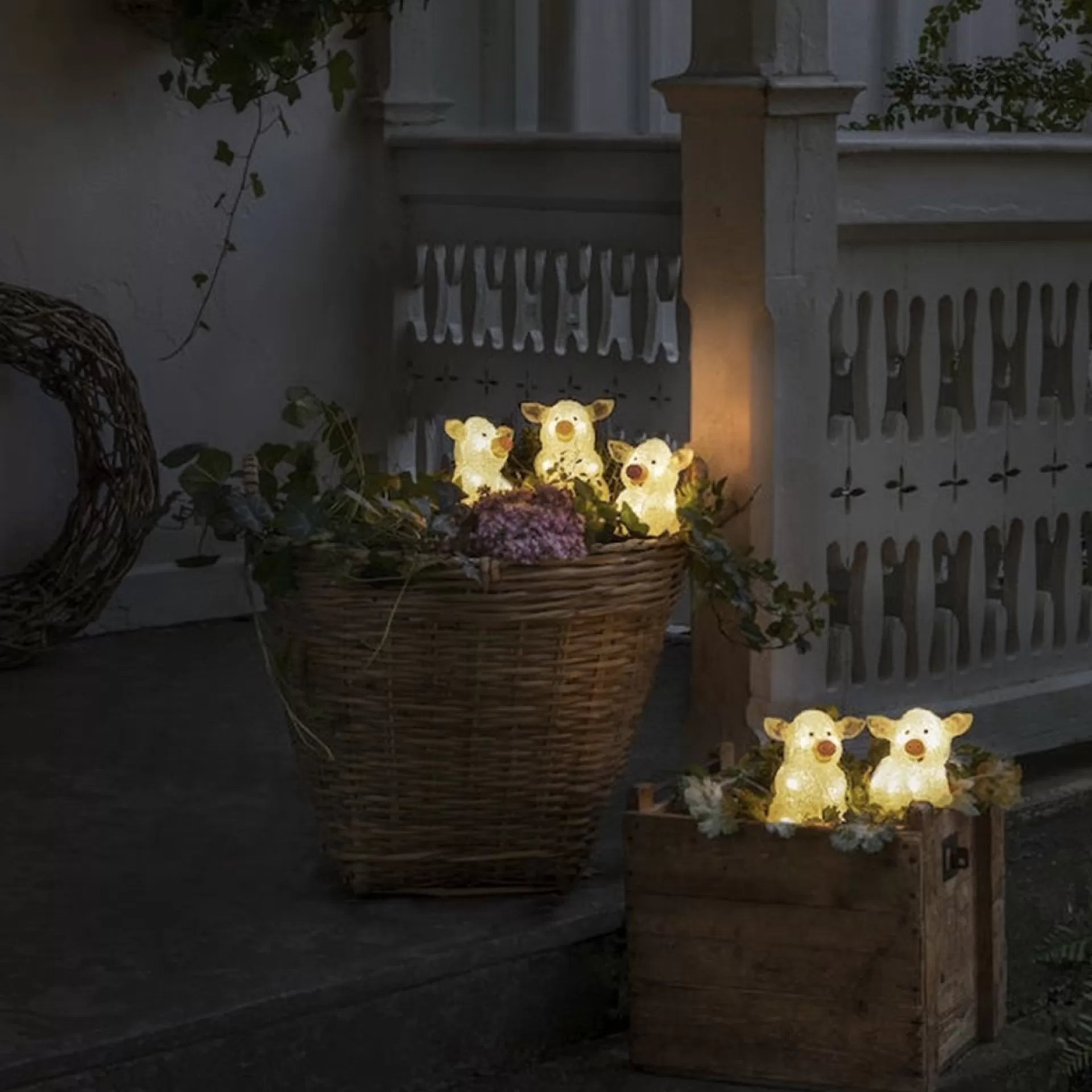 Konst Smide Verlicht Kerstfiguur Voor Buiten - 5 Roze Varkentjes - 12 Cm Hoog New