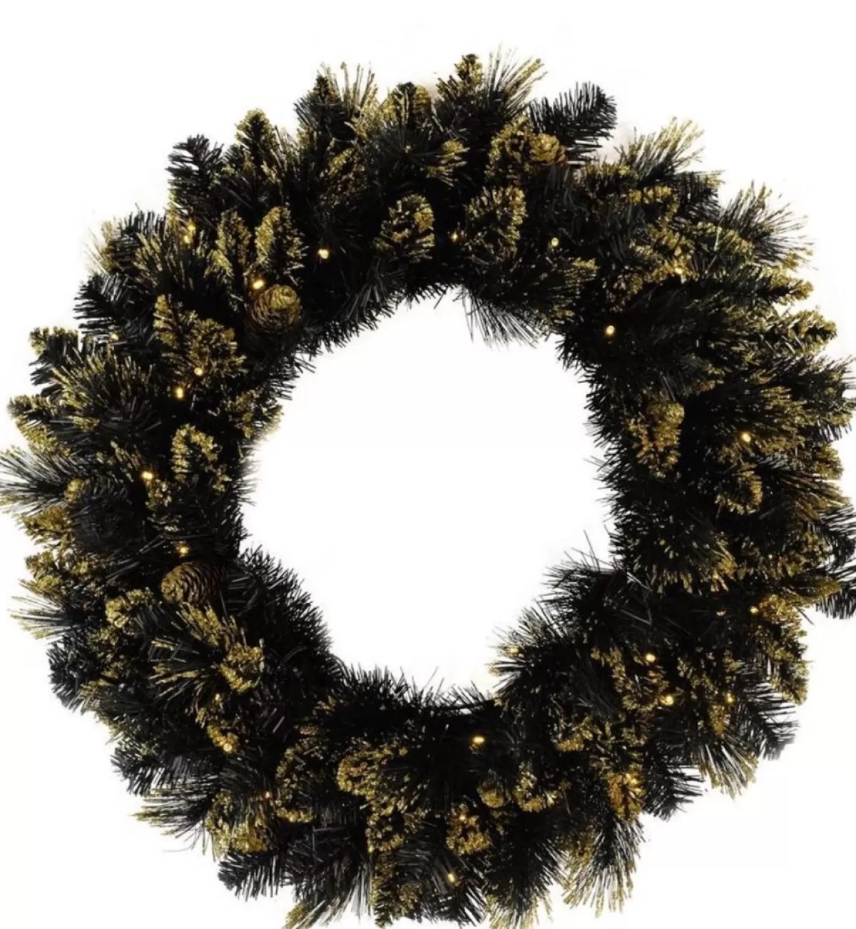* Kerstkransen>Verlichte Kerstkrans "Shimmery Golden Black Bristle" - Zwart - O 76 Cm - 70 Warm Witte Ledlampjes - Met Gouden Afwerking